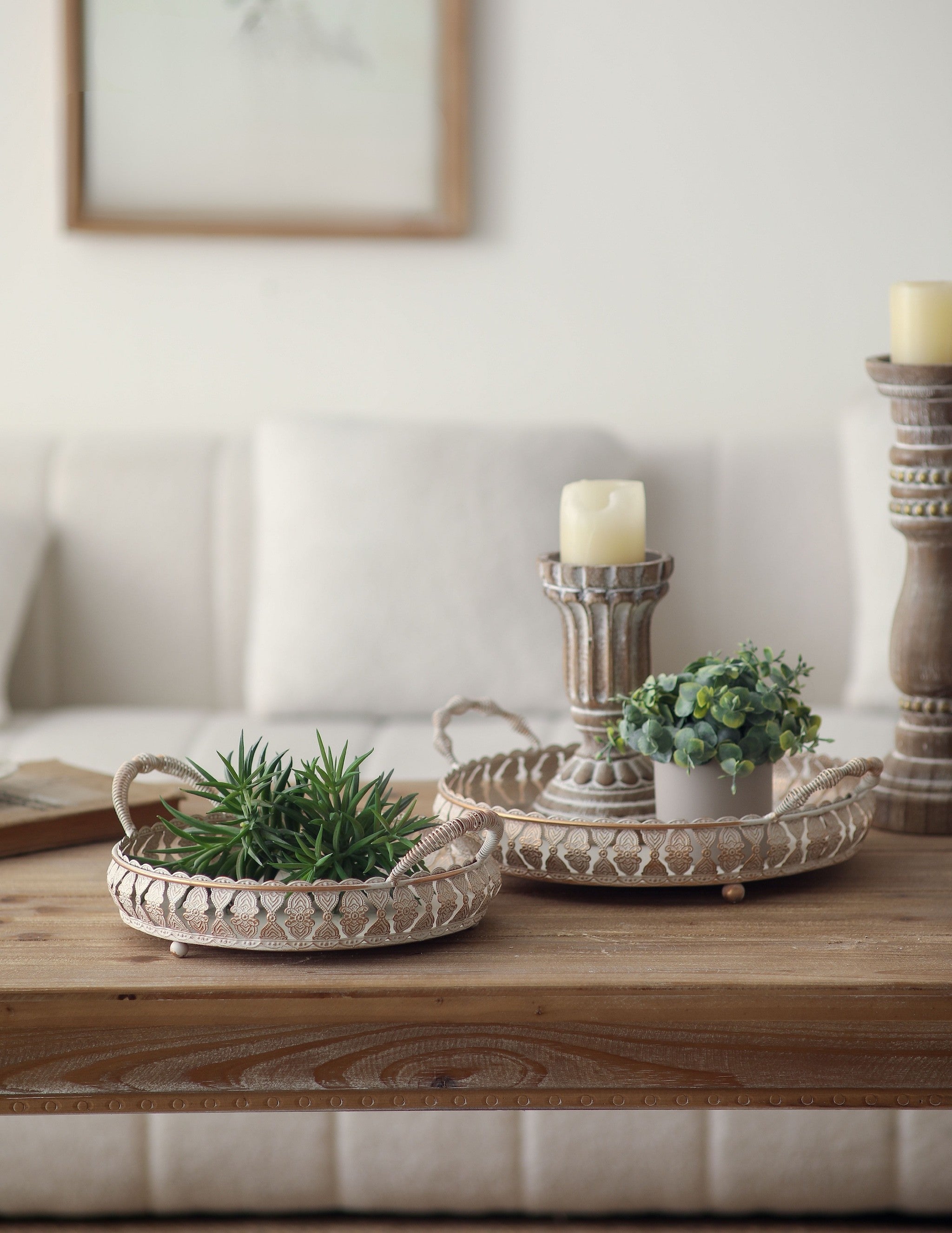 French Provincial decorative trays and candle holders styled on timber sideboard - Château Living