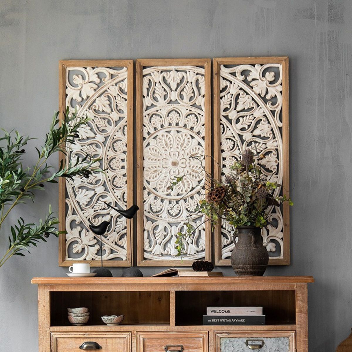 Ella Carved Wooden Wall Art Staged Image