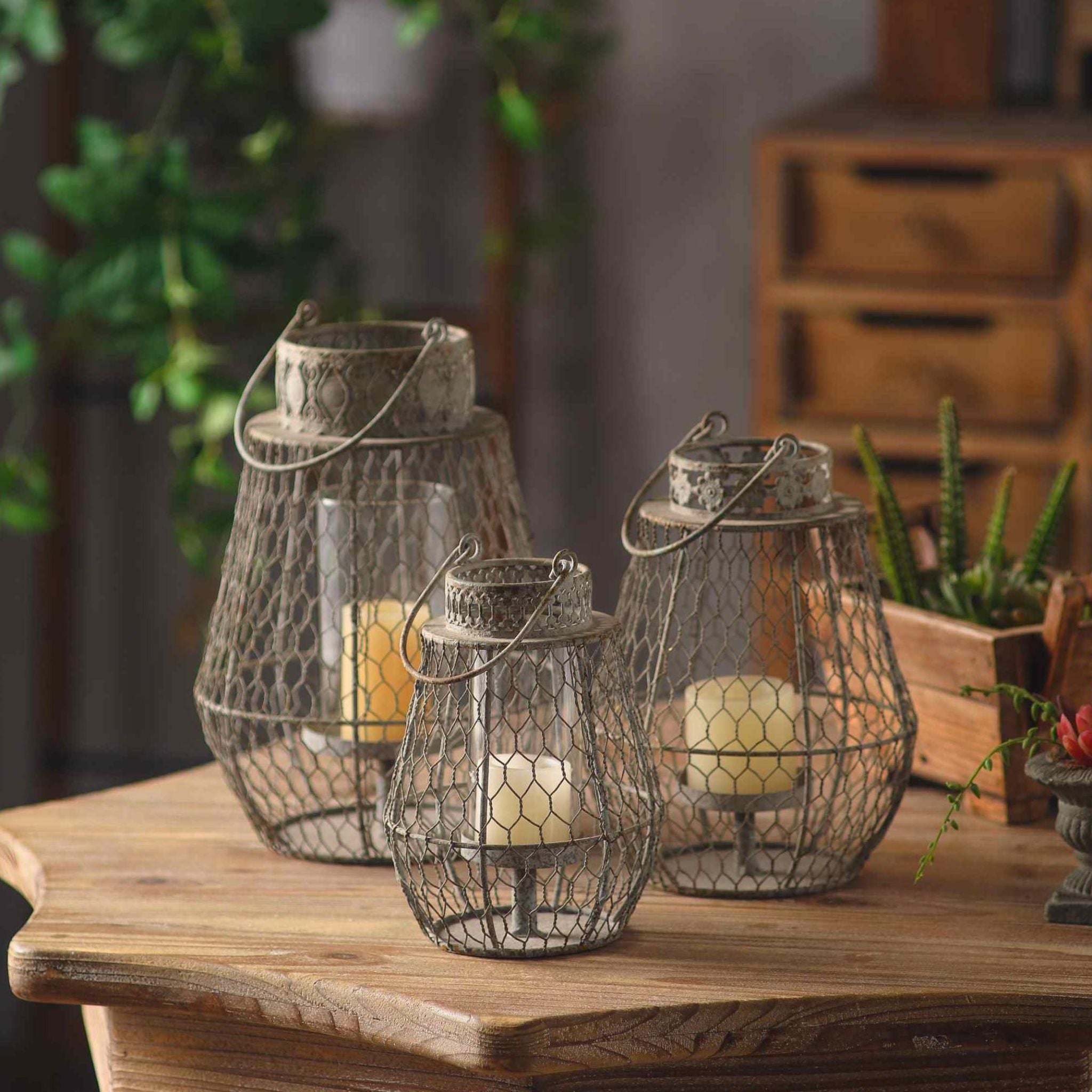 Louise French Provincial Wire Cage Lantern, Weathered Grey Candle Lantern with Glass Insert