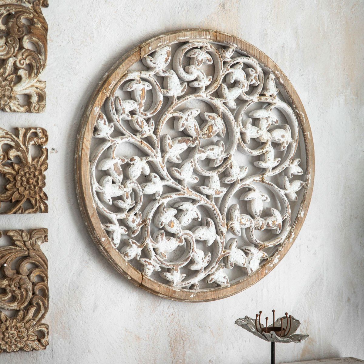 Amber round mandala wall art side profile showing carved timber depth