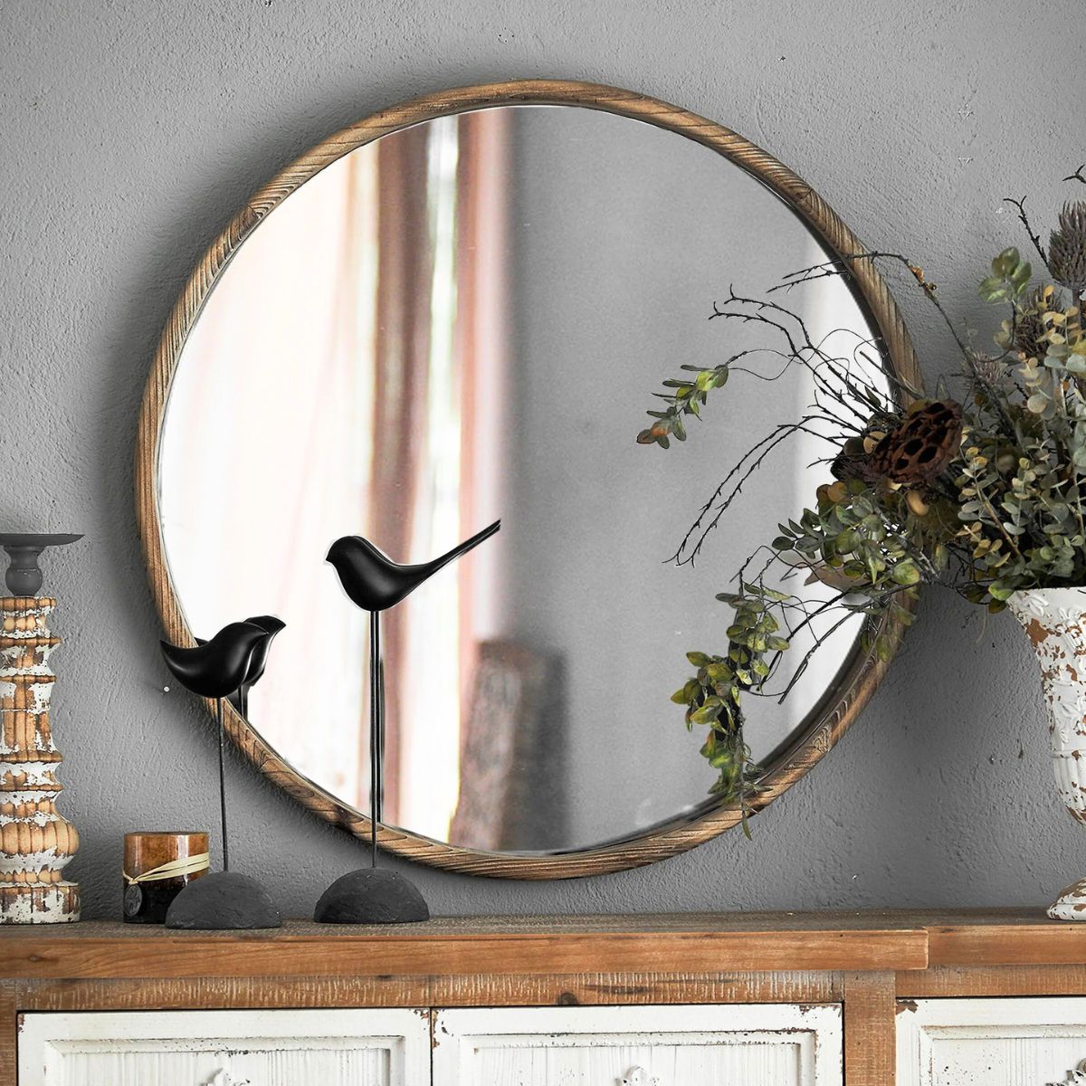 James Round Mirror Staged Image Dark Wall
