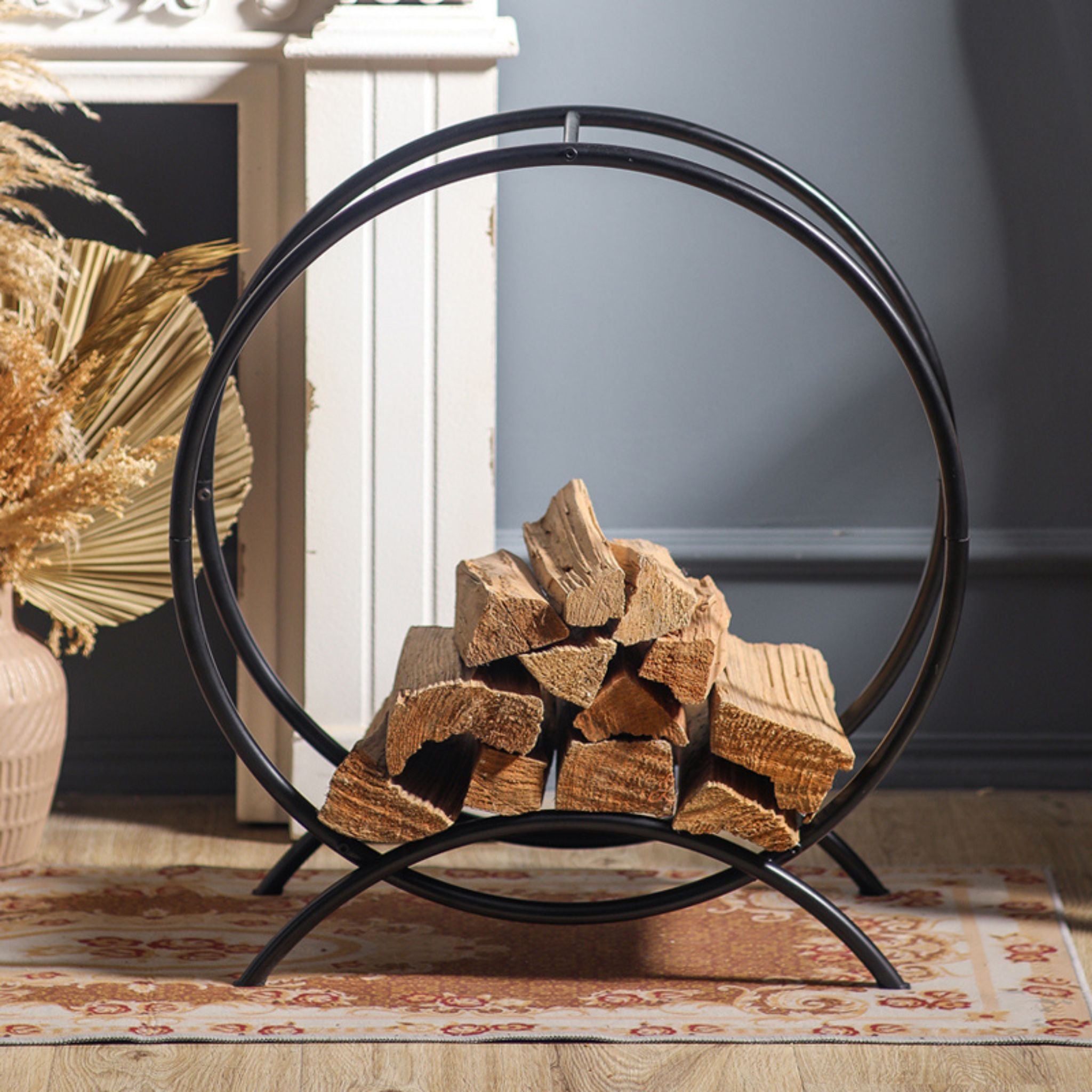 Emeric Circular Firewood Log Holder, Matte Black Round Fireside Hoop
