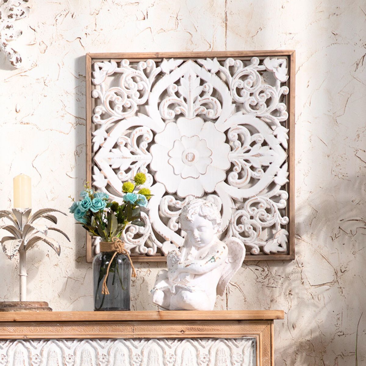 Philip Carved Wooden Wall Art Staged Image Side with Angel Statue