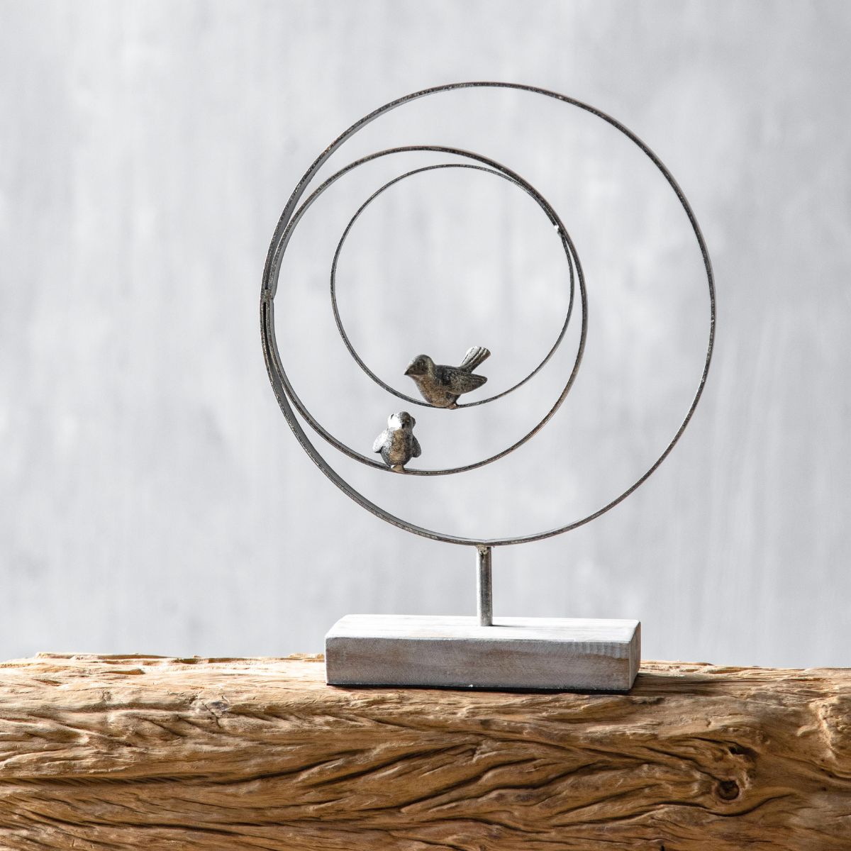 Full view of Tristan French Provincial bird sculpture — 30cm tall metal and whitewashed timber decor accent
