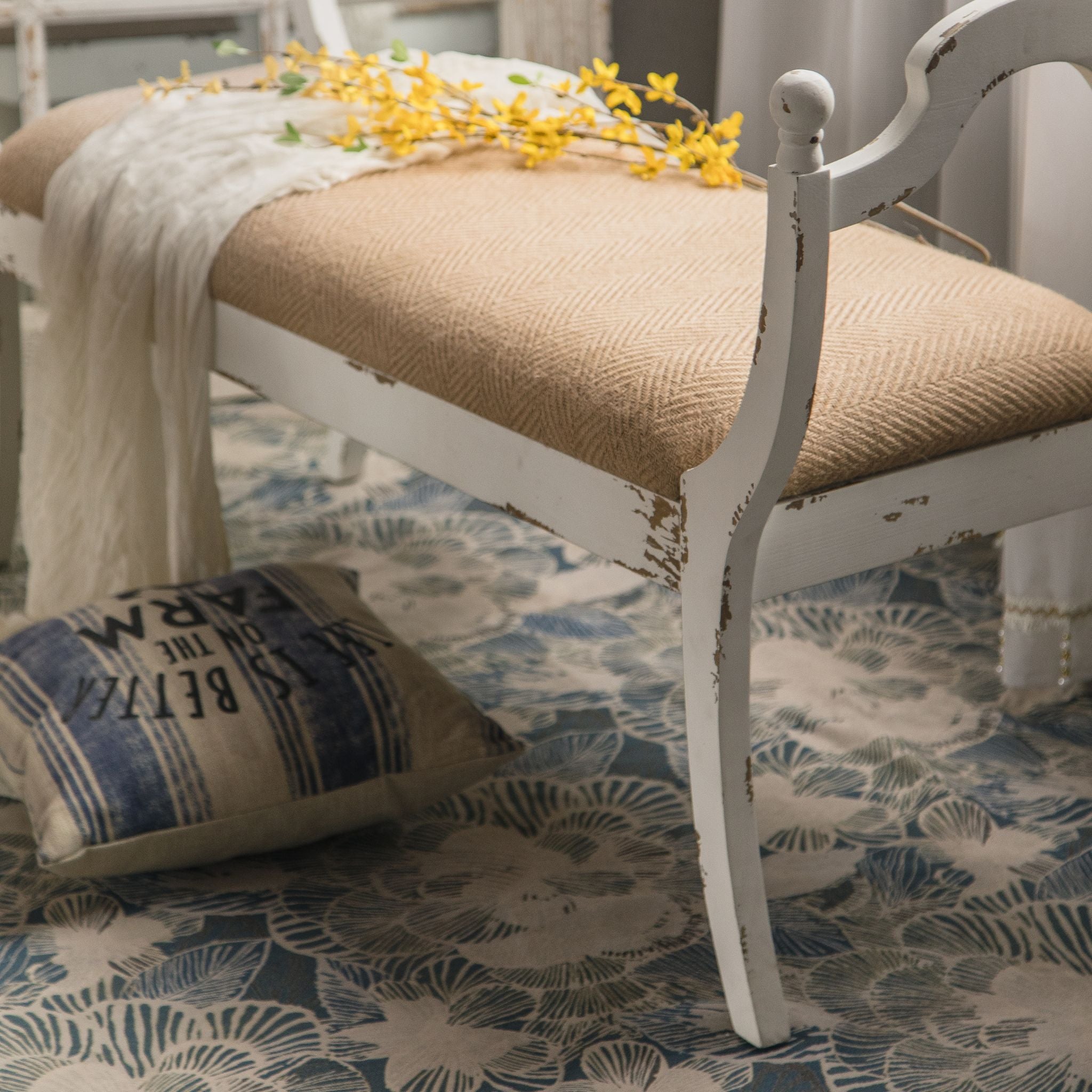 Elba bench scrolled end and ball finial detail in distressed white