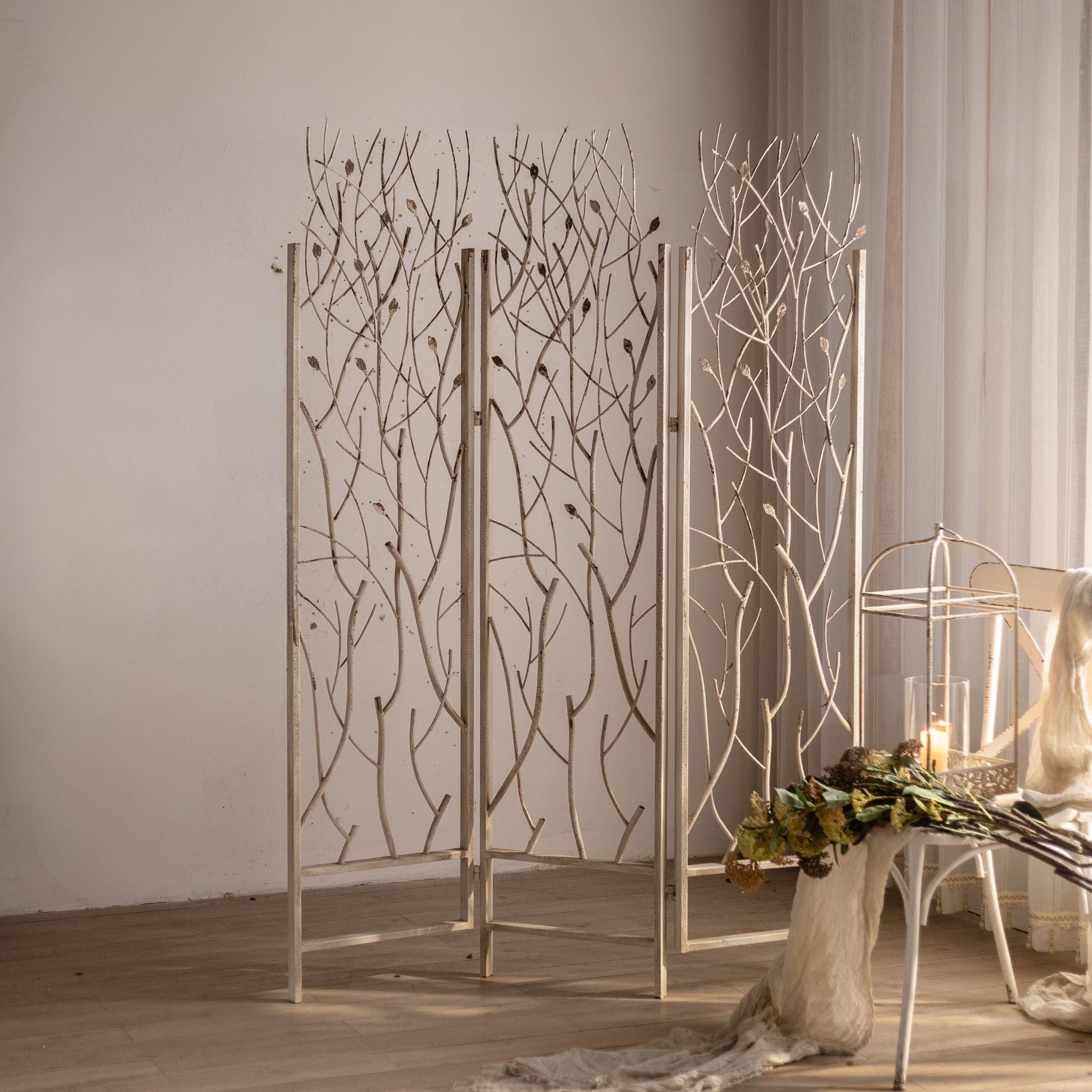 Fausto three panel branch screen room divider in aged white iron