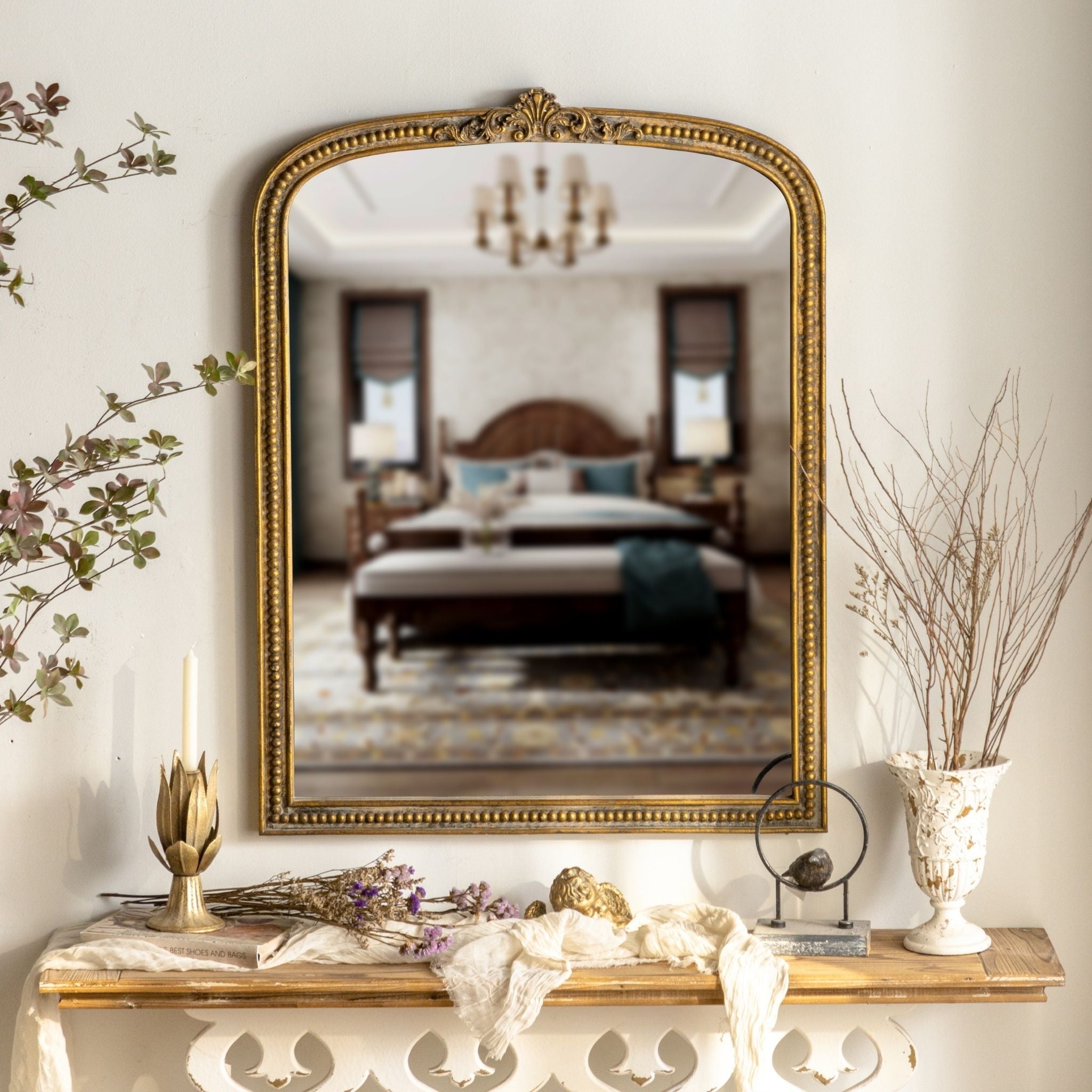 French Provincial Arched Wall Mirror, Aged Gold Beaded 108cm