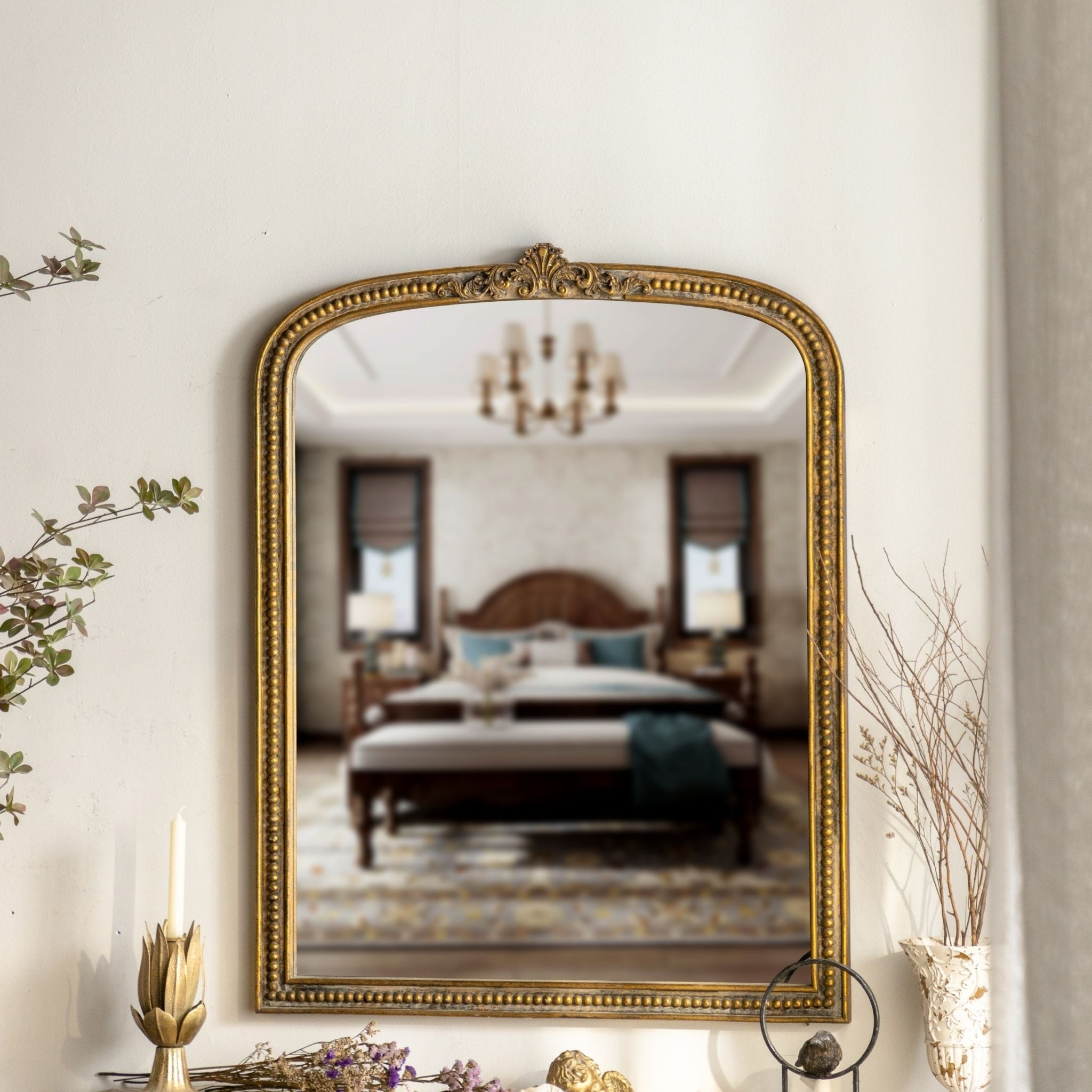 Renata arched wall mirror full bedroom reflection scene
