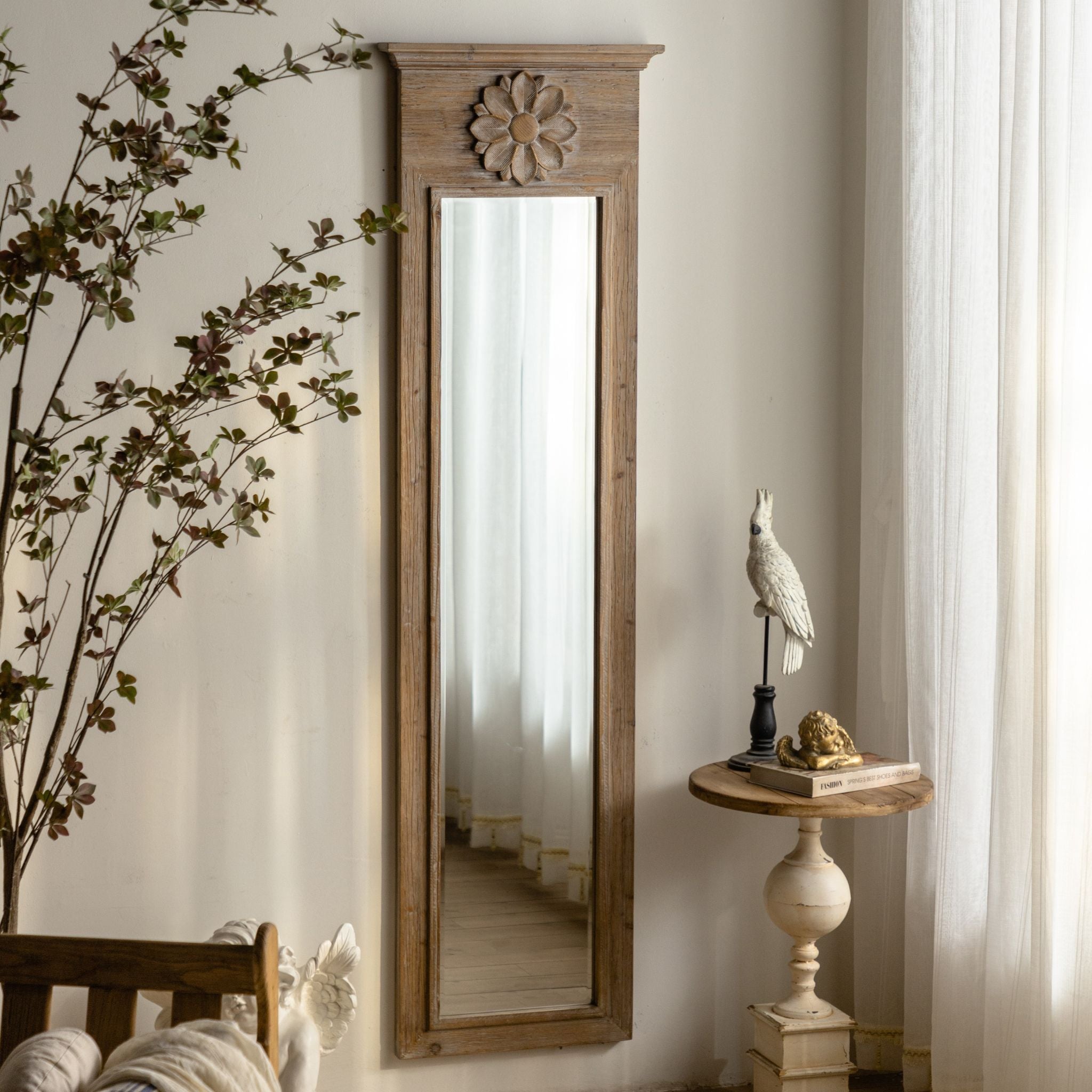 Rosina trumeau full length mirror in whitewashed fir standing in a bright room