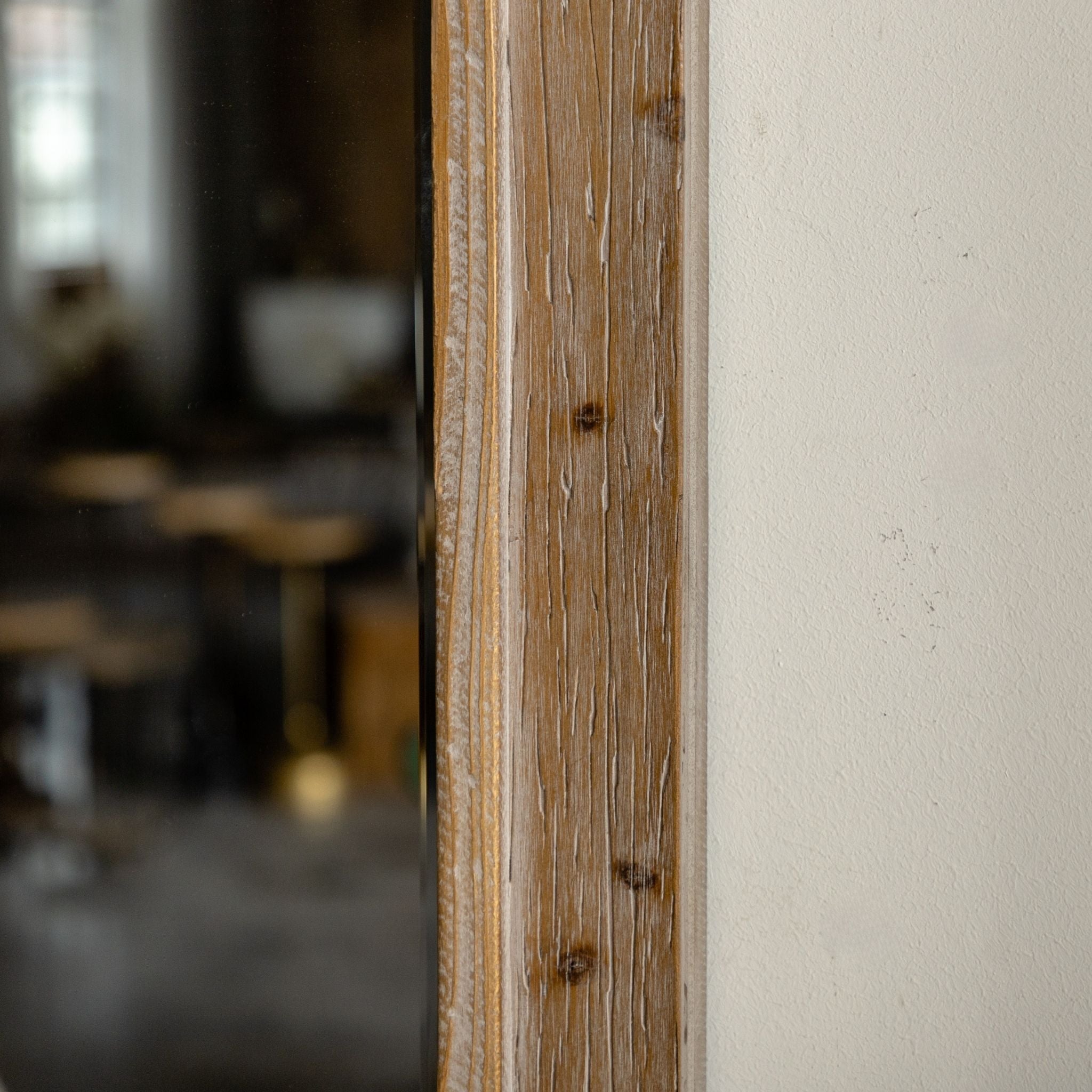 Rosina trumeau mirror whitewashed fir frame grain close up