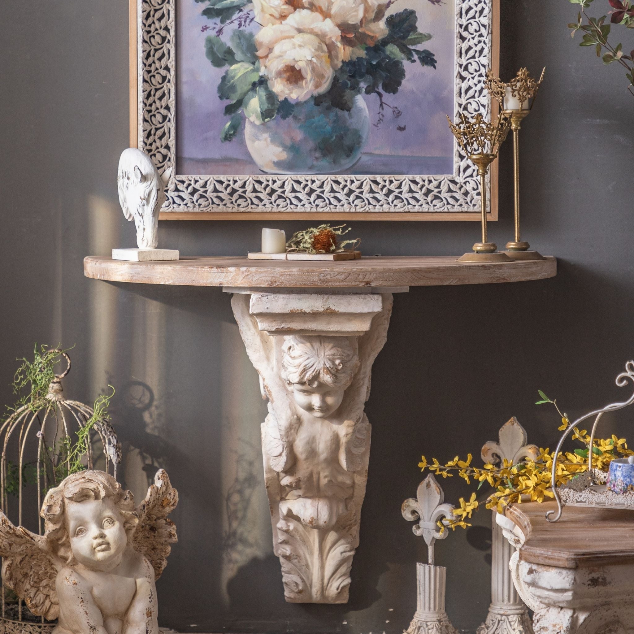 Ornella wall console styled in a room with candlesticks and decor
