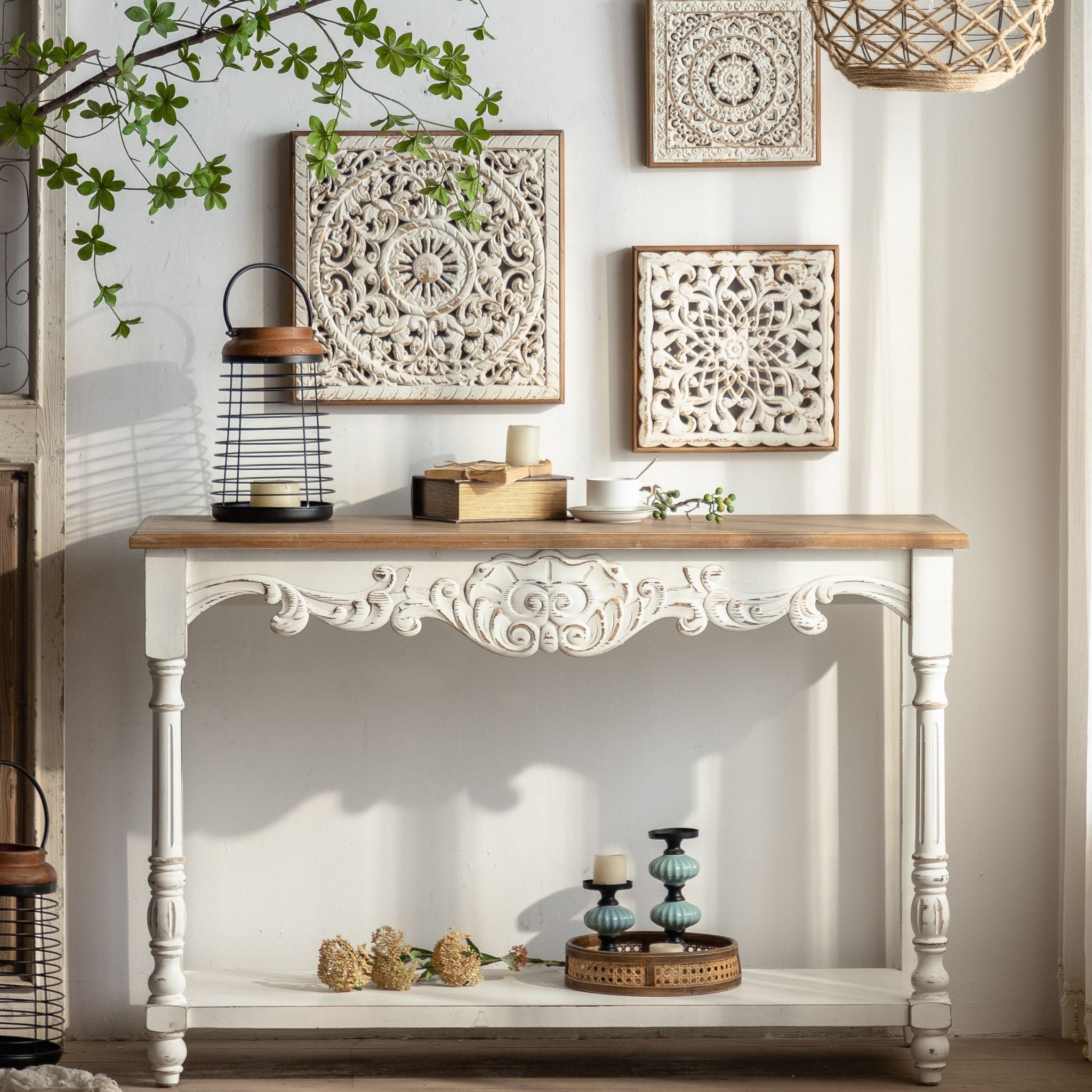 Vega French provincial console table with carved apron and natural fir top