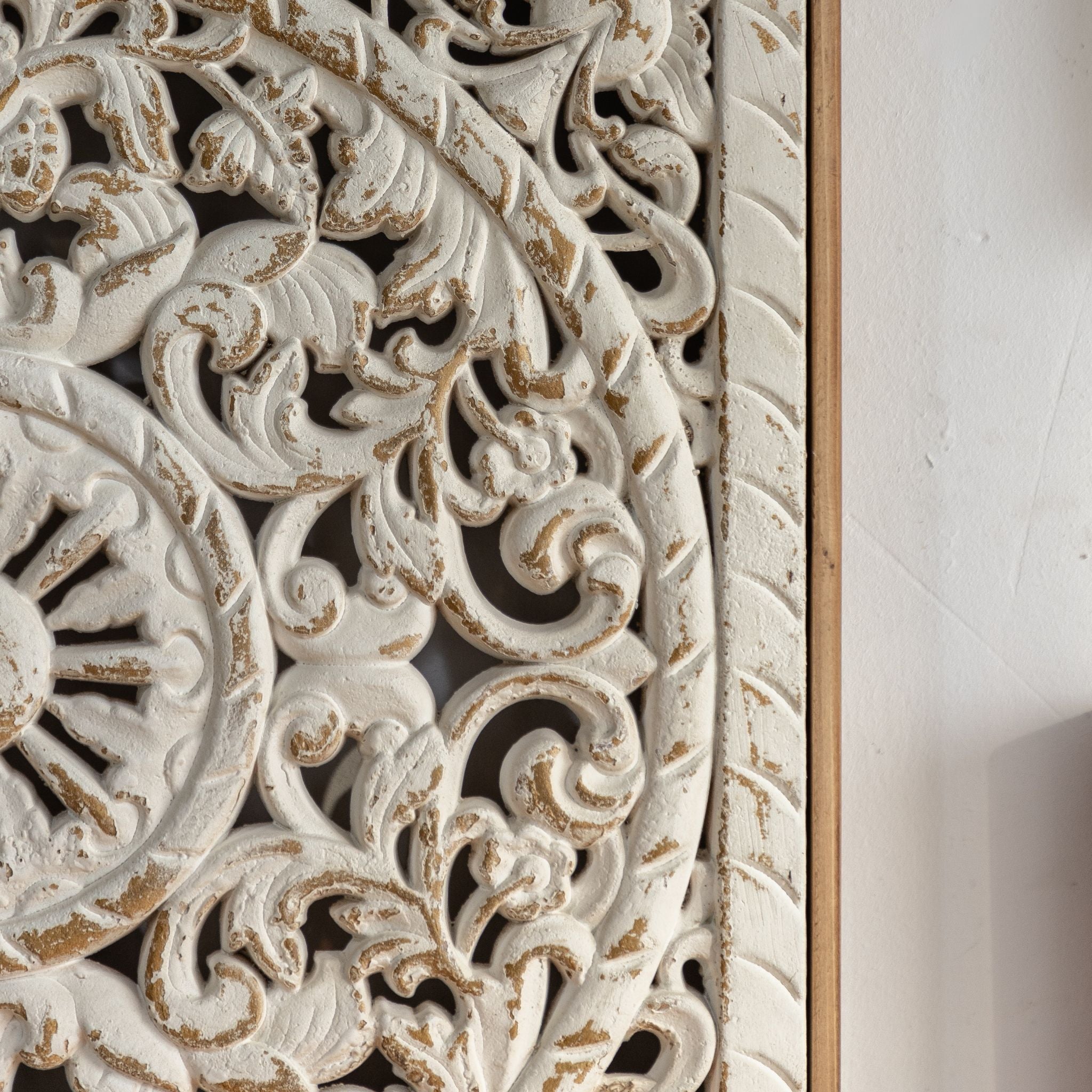 Cyrene carved wall art with notched timber border and acanthus scrolls