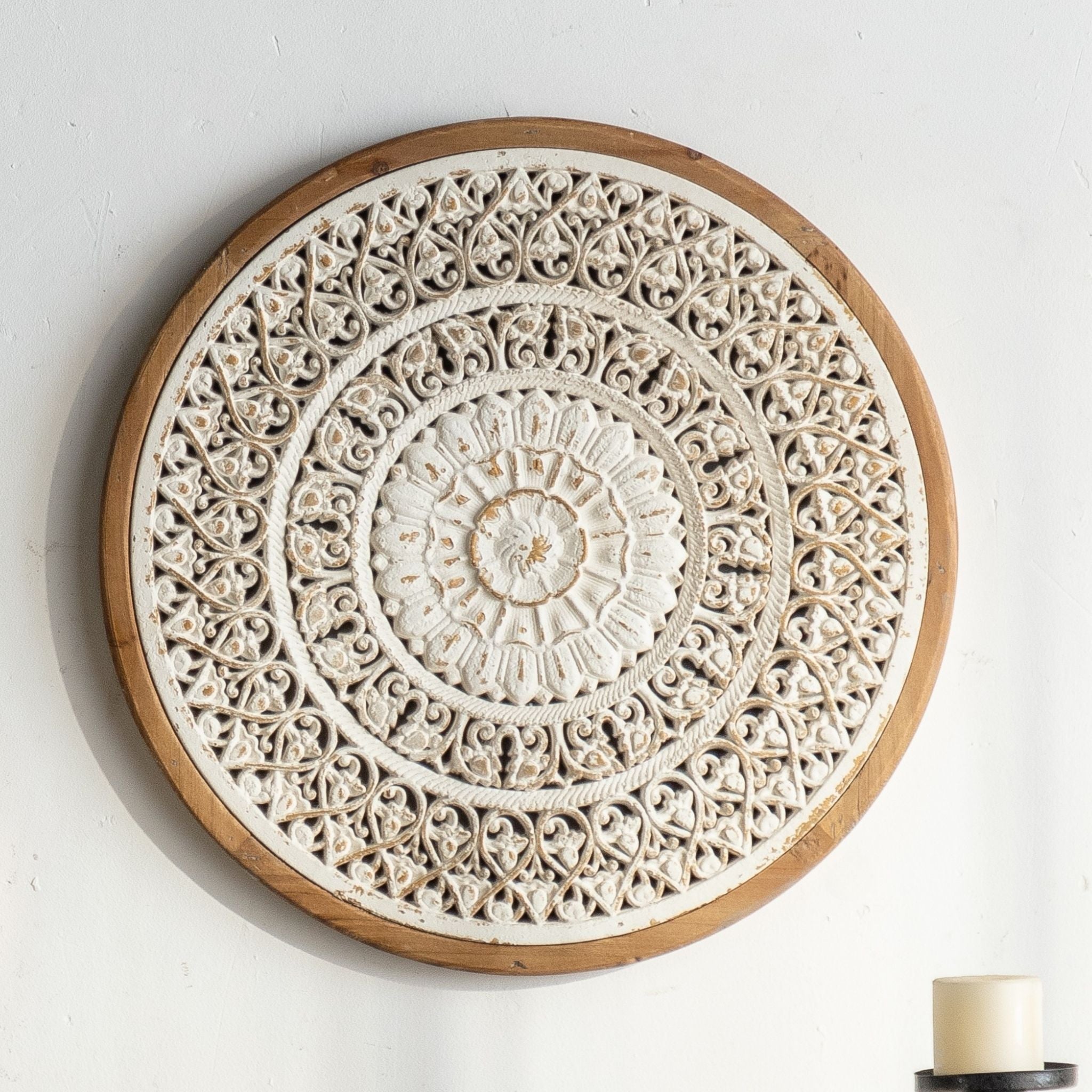 Verona round carved wall art with filigree rings and sunburst centre in whitewashed timber