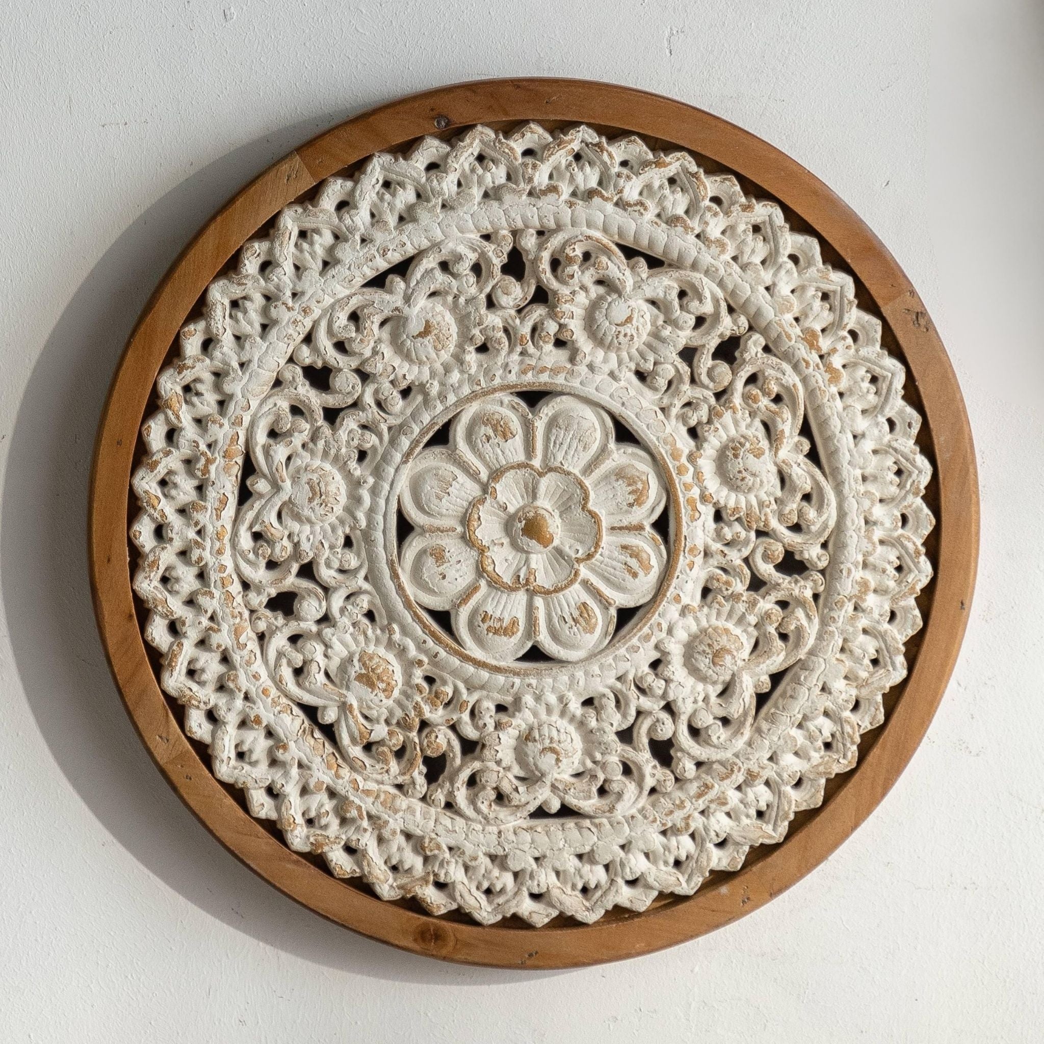 Zola round carved wall art scroll mandala with star flower in whitewashed timber