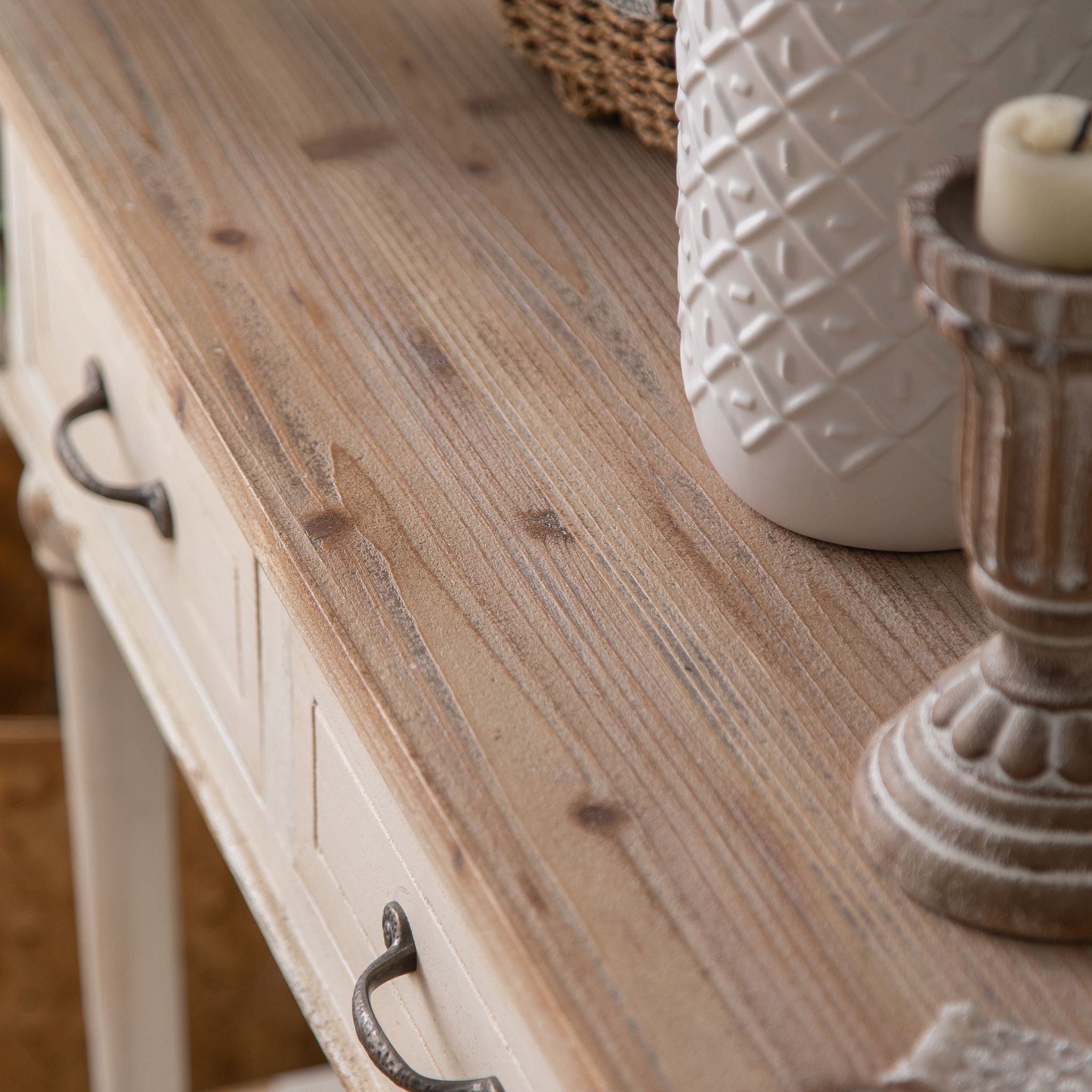 Seville console drawers open showing panelled fronts and timber drawer boxes