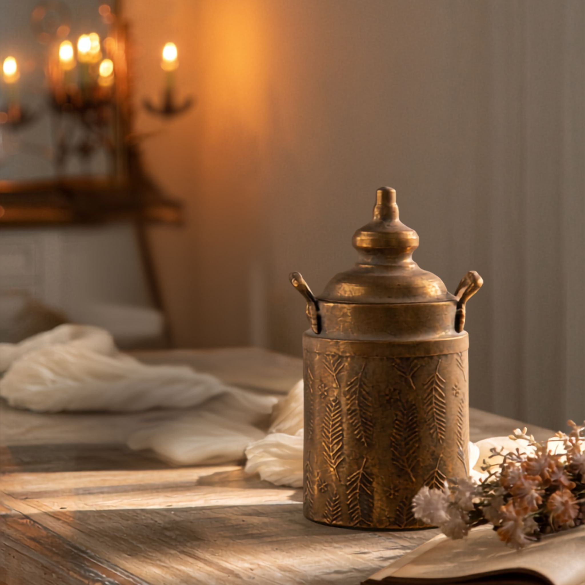 Rocco lidded canister in antique gold with embossed fern pattern and side handles