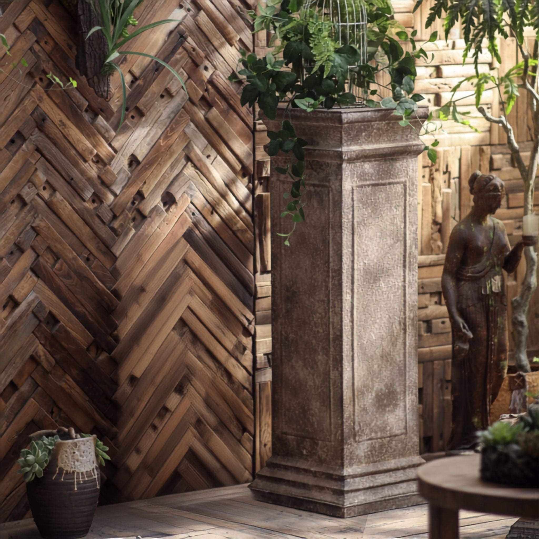 Petra tall square display pedestal in aged stone look finish in a courtyard
