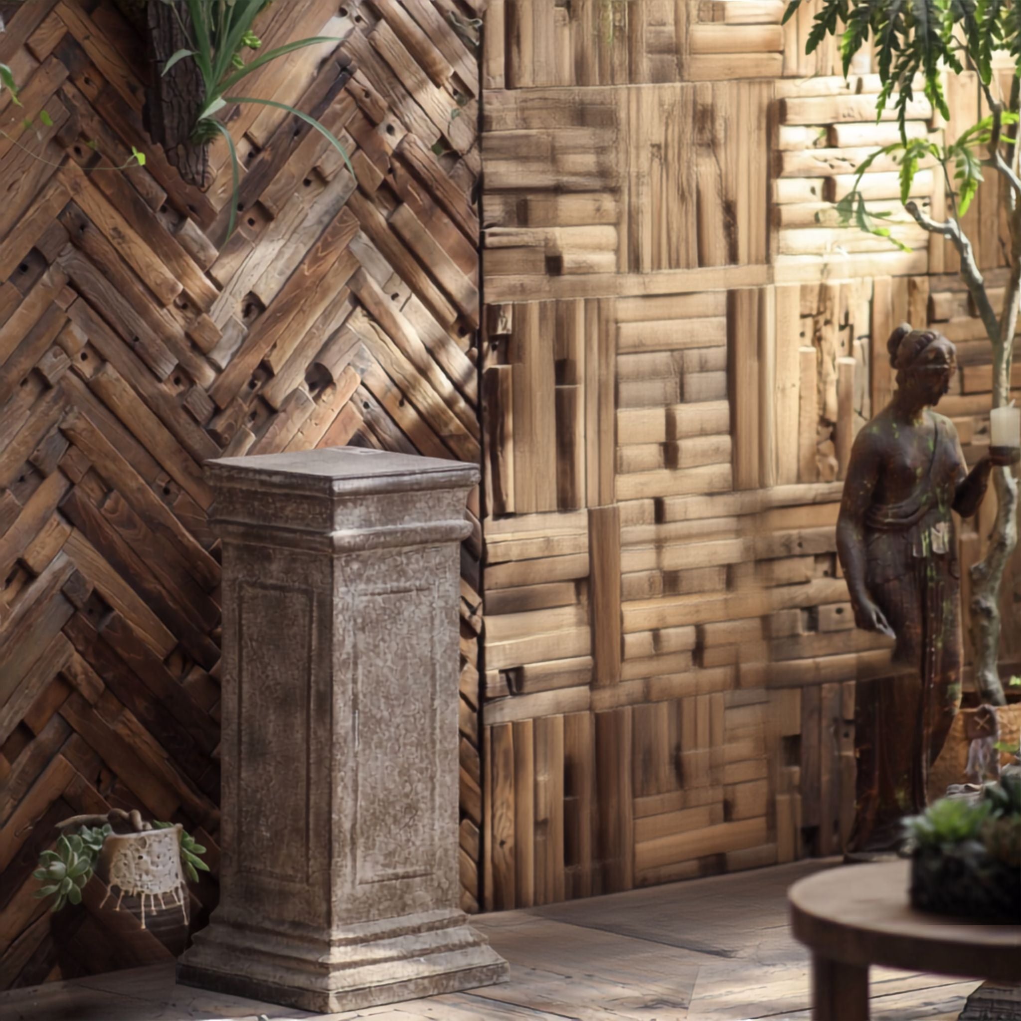 Phoebe square display pedestal in aged stone look finish beside the taller Petra