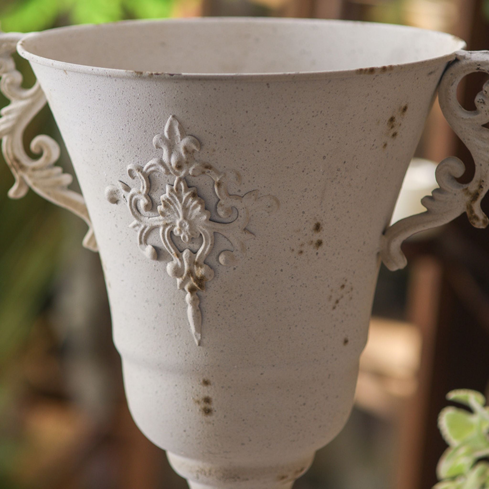 Gino urn planter scrolled acanthus handle close up in aged white