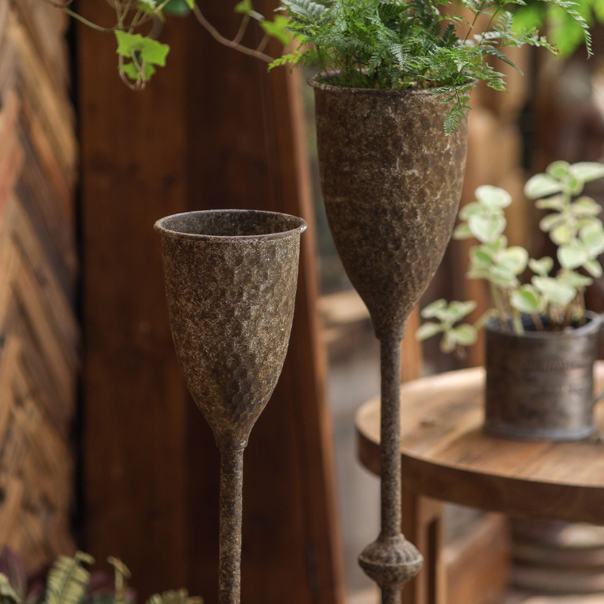 Granada aged iron goblet planter styled with its taller partner Greta