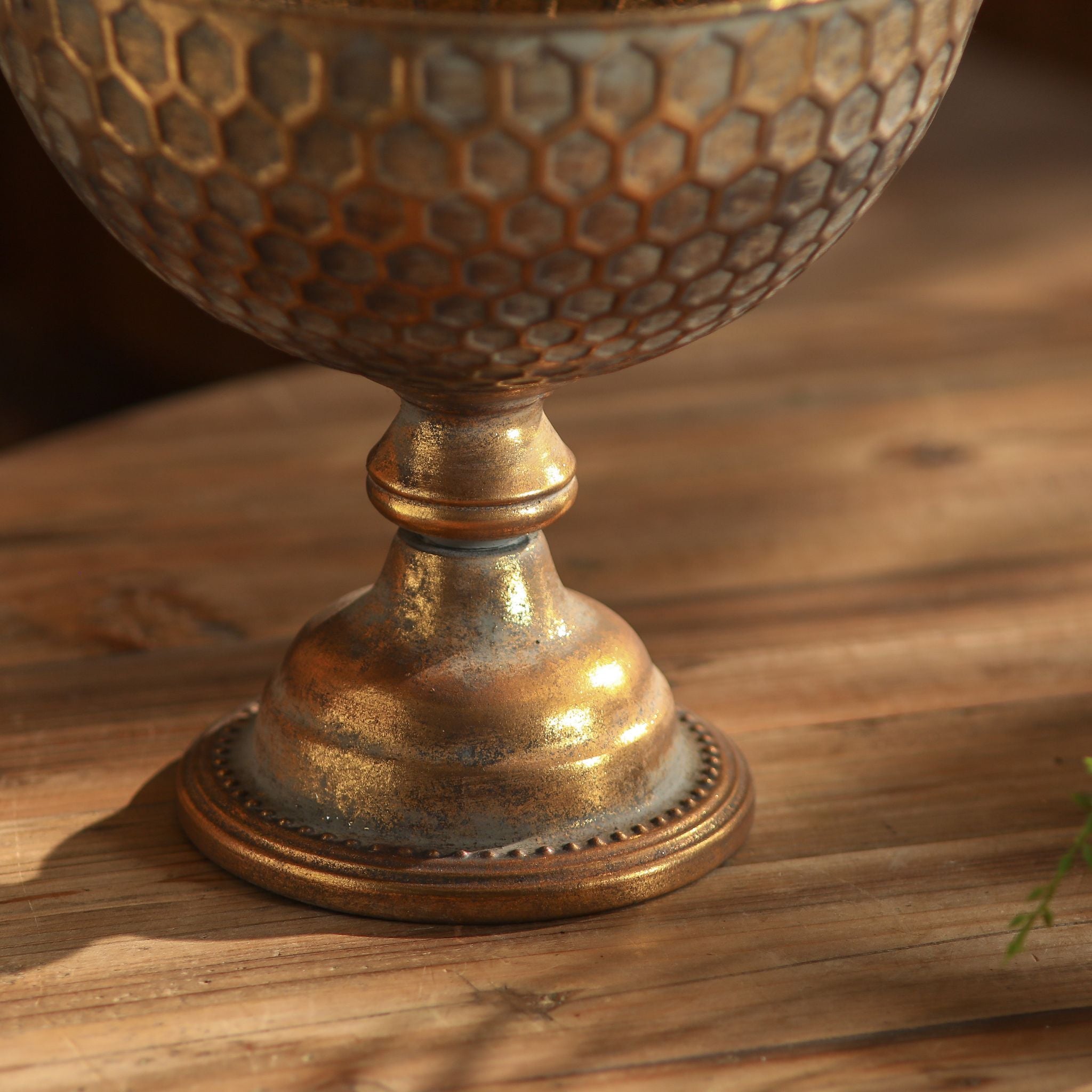 Close view of the pressed hexagon honeycomb pattern on the Oriana bowl