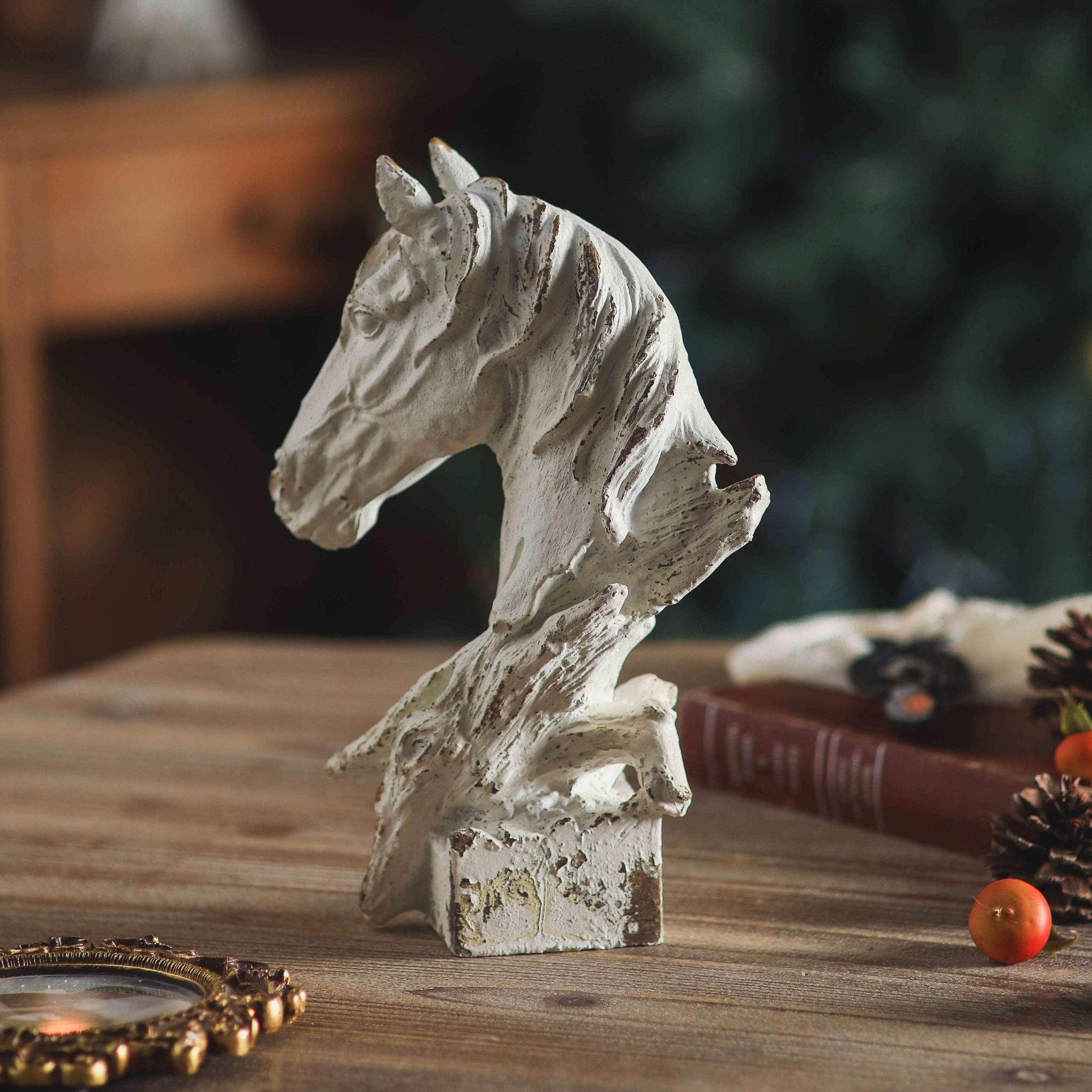 Detail of the deep carved mane waves and worn white finish on the Cosimo bust