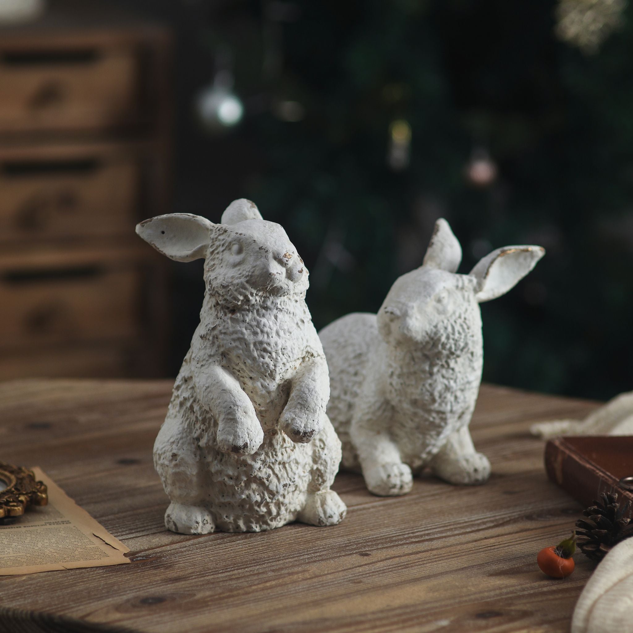 Delia rabbit sculpture beside Delos her standing companion