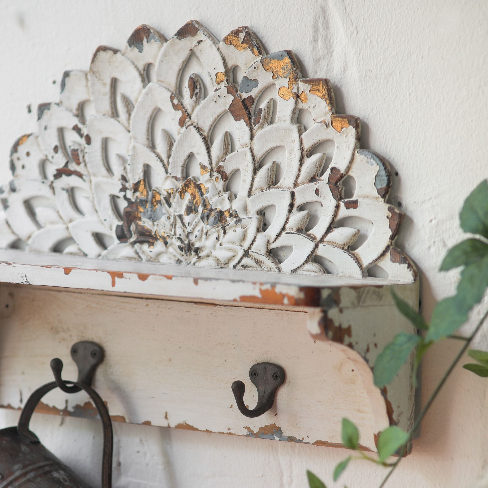 Elio wall shelf with a rustic tin mug hanging from one hook