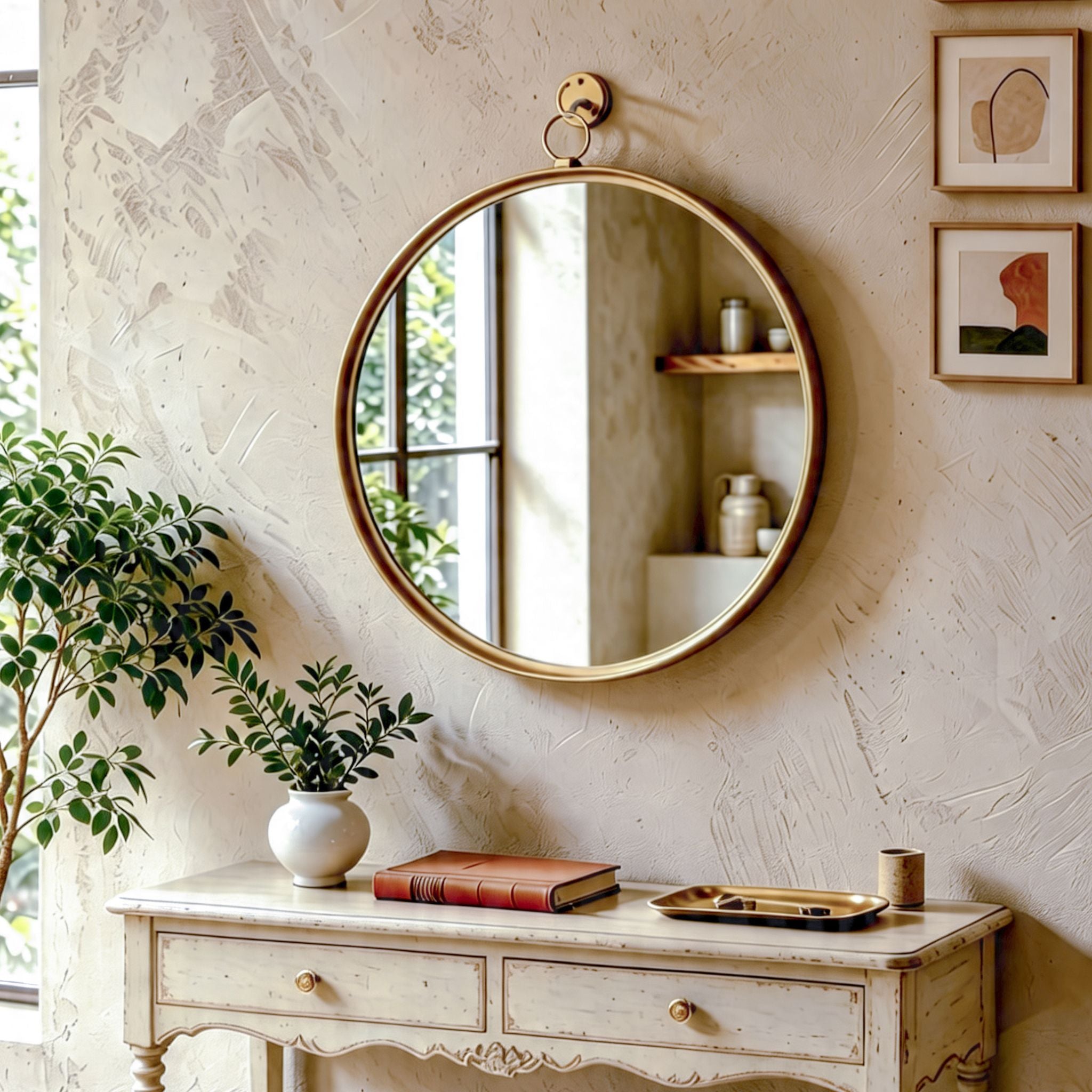 Elvira French Provincial round wall mirror in antique gold hanging from ring bracket above a distressed cream console table. Hero.