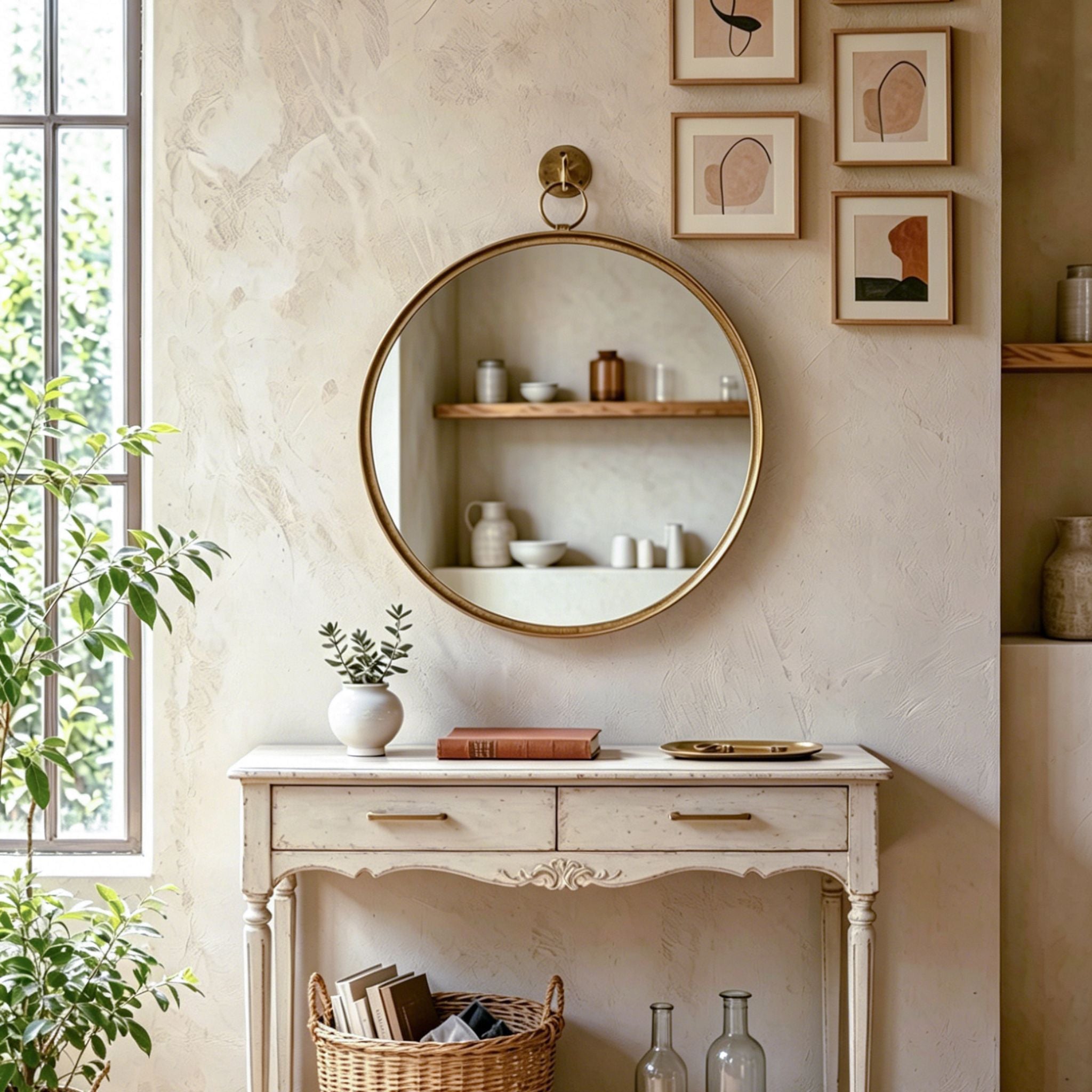 Elvira round gold wall mirror styled straight on above a French Provincial console with gallery wall