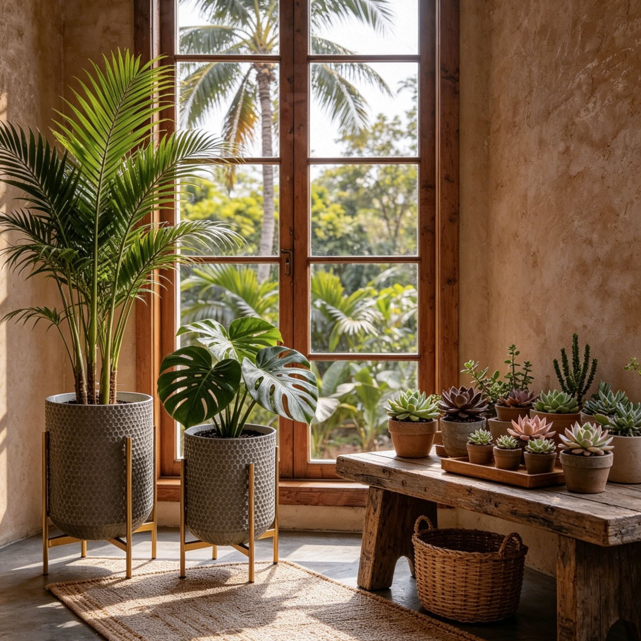 Enzo planter set styled in a rustic sunroom corner with succulents on a timber bench