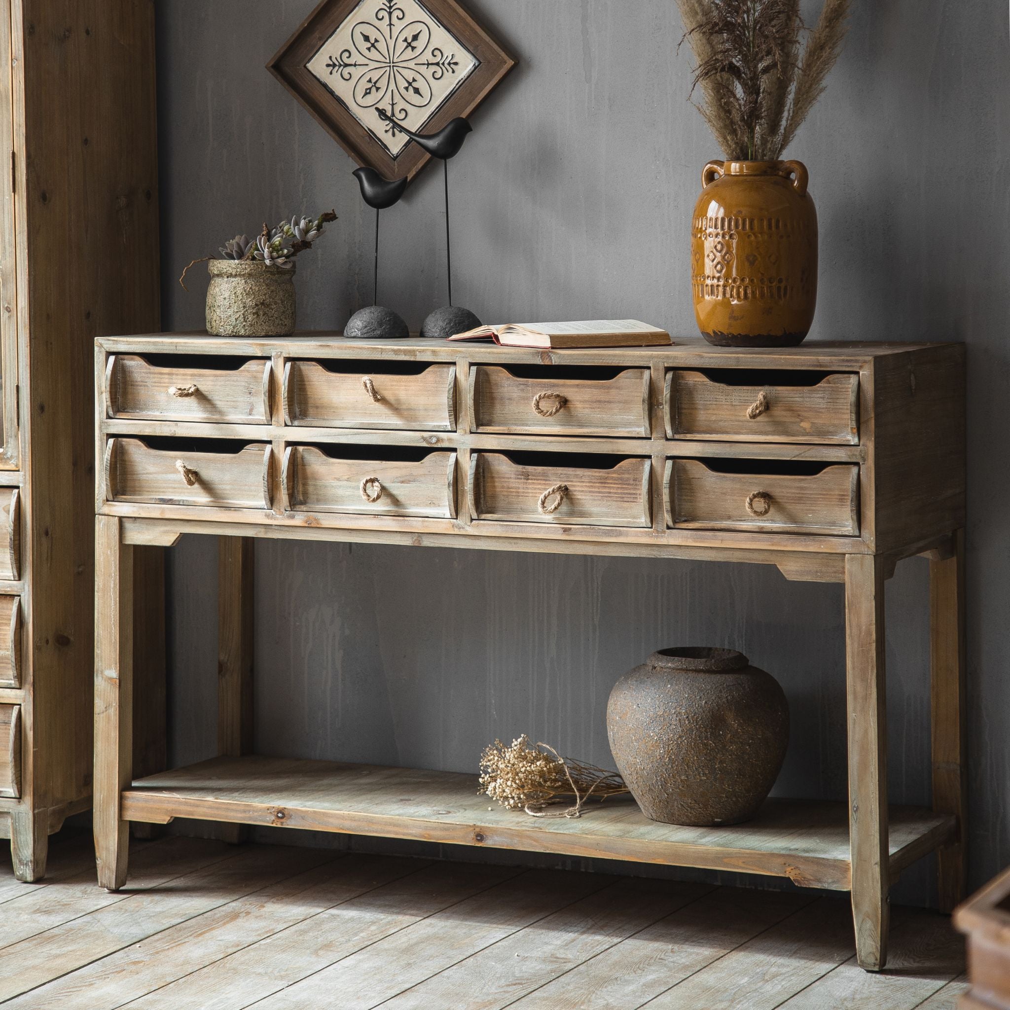 Ada console with a drawer open showing the timber drawer box and rope loop handle