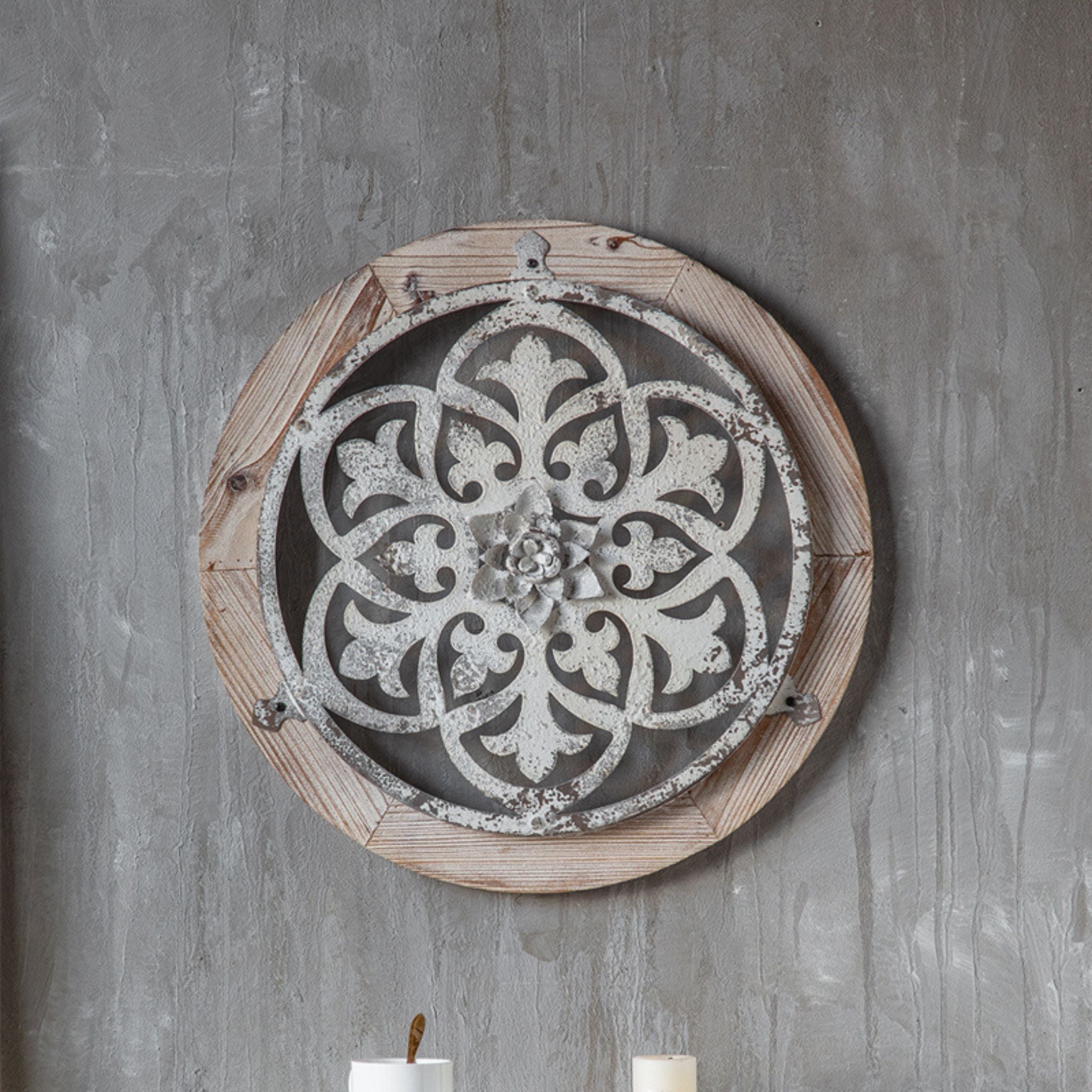 Cielo round wall medallion with washed timber ring and distressed white iron fretwork