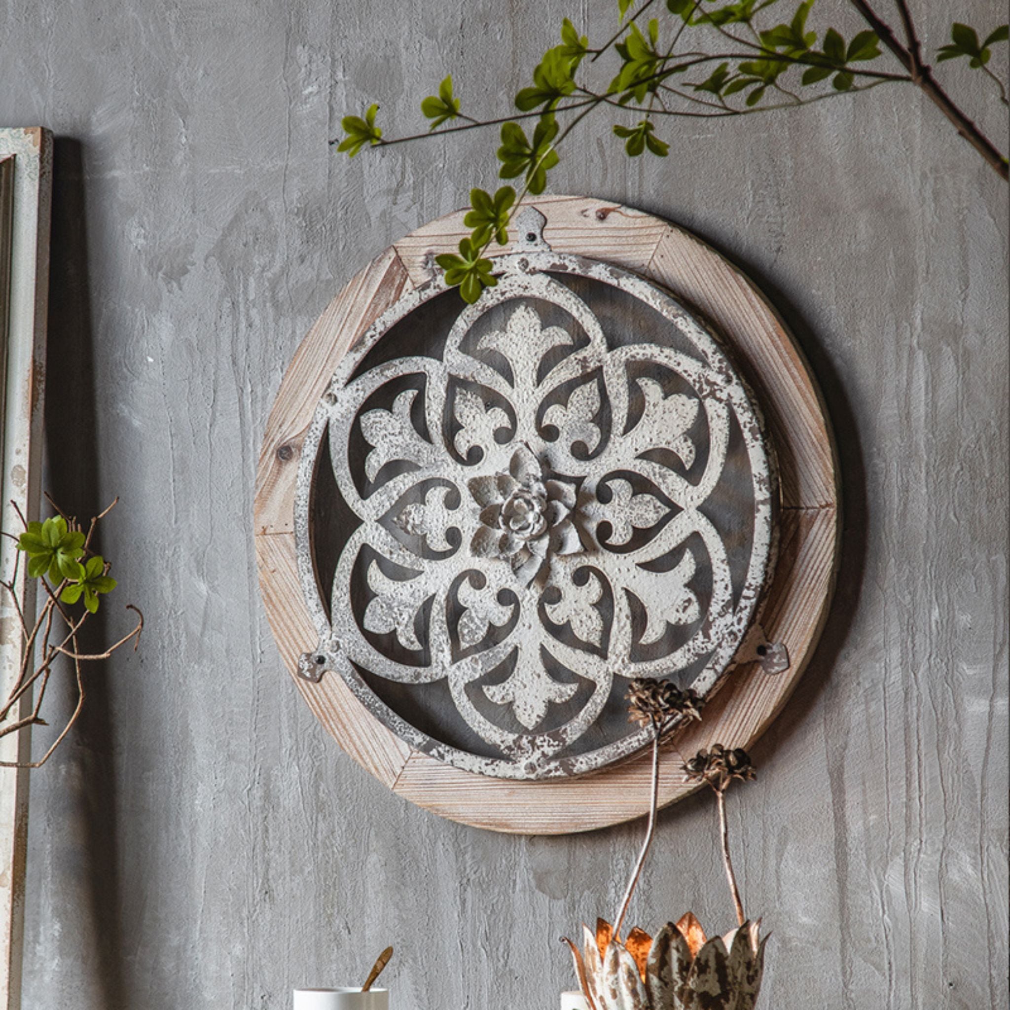 Cielo round medallion distressed white tracery close up