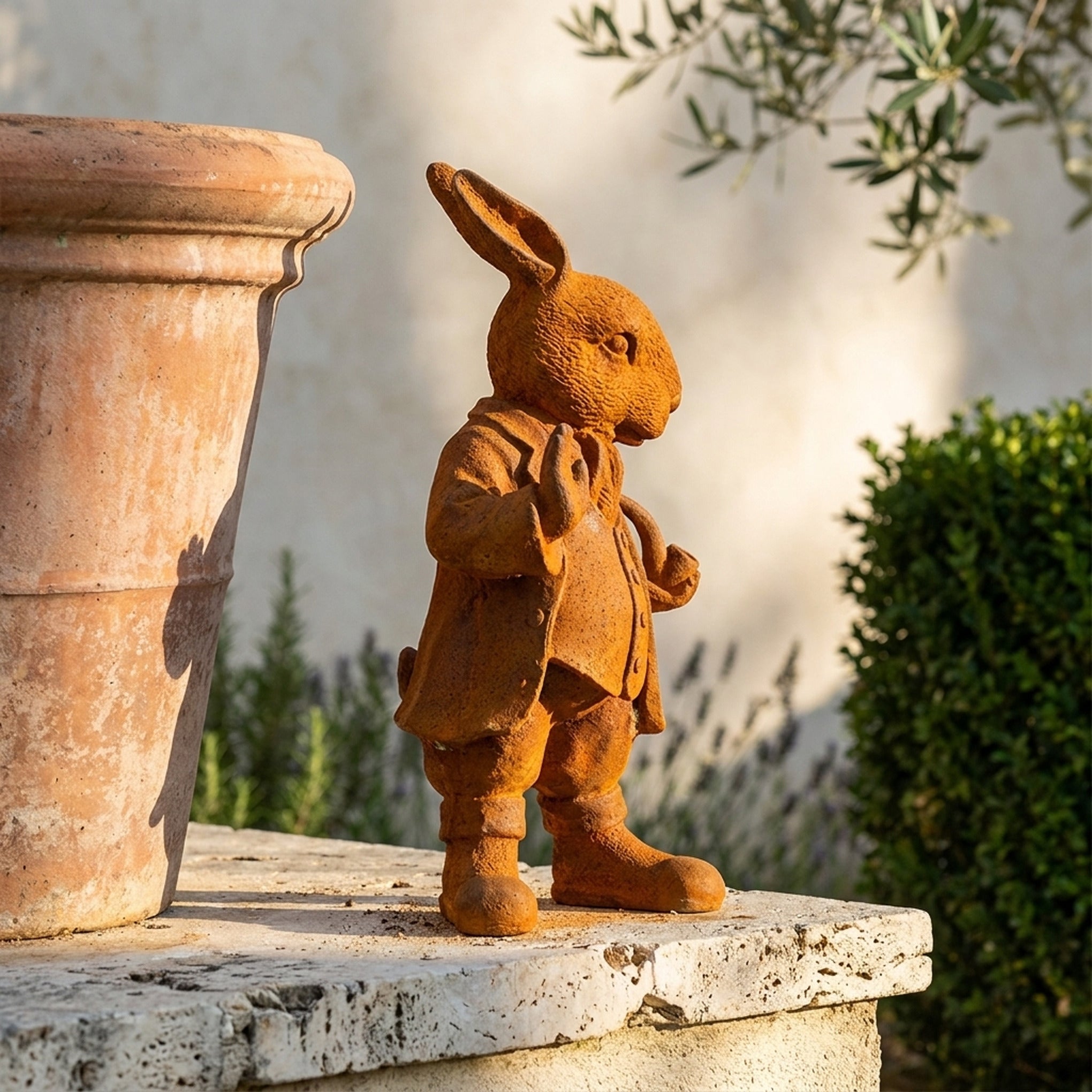 Mayor Cottontail rabbit statue side view showing the frock coat and boots