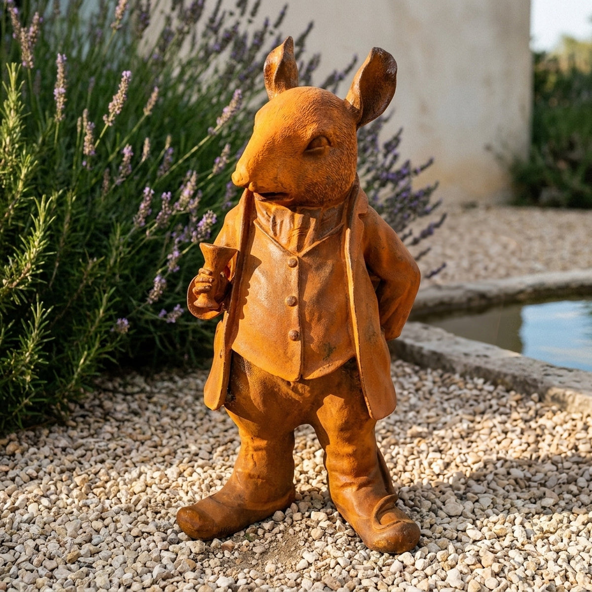 Monsieur Ratsworth rat statue front view showing the waistcoat buttons and goblet