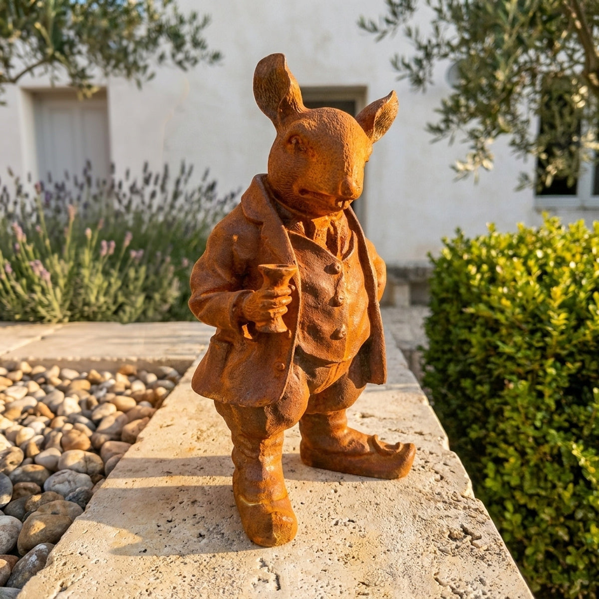 Monsieur Ratsworth rust cast iron rat statue in a frock coat raising a goblet, on a travertine ledge