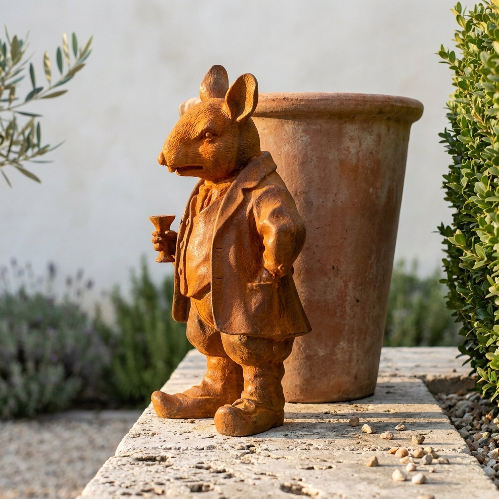Monsieur Ratsworth rat statue side view showing the coat and pointed shoes