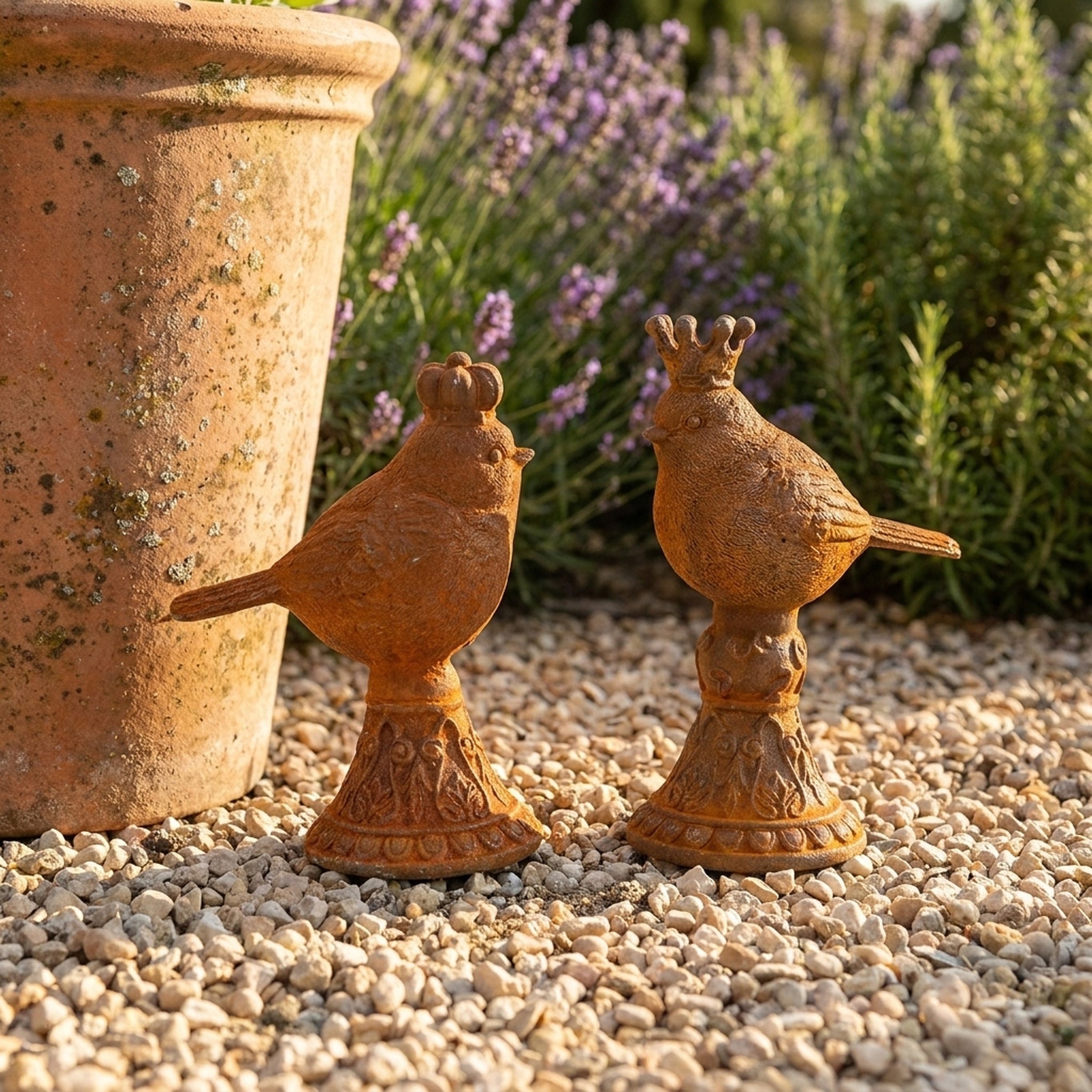 Tom Tit and Jenny Wren cast iron birds front view showing the pair together