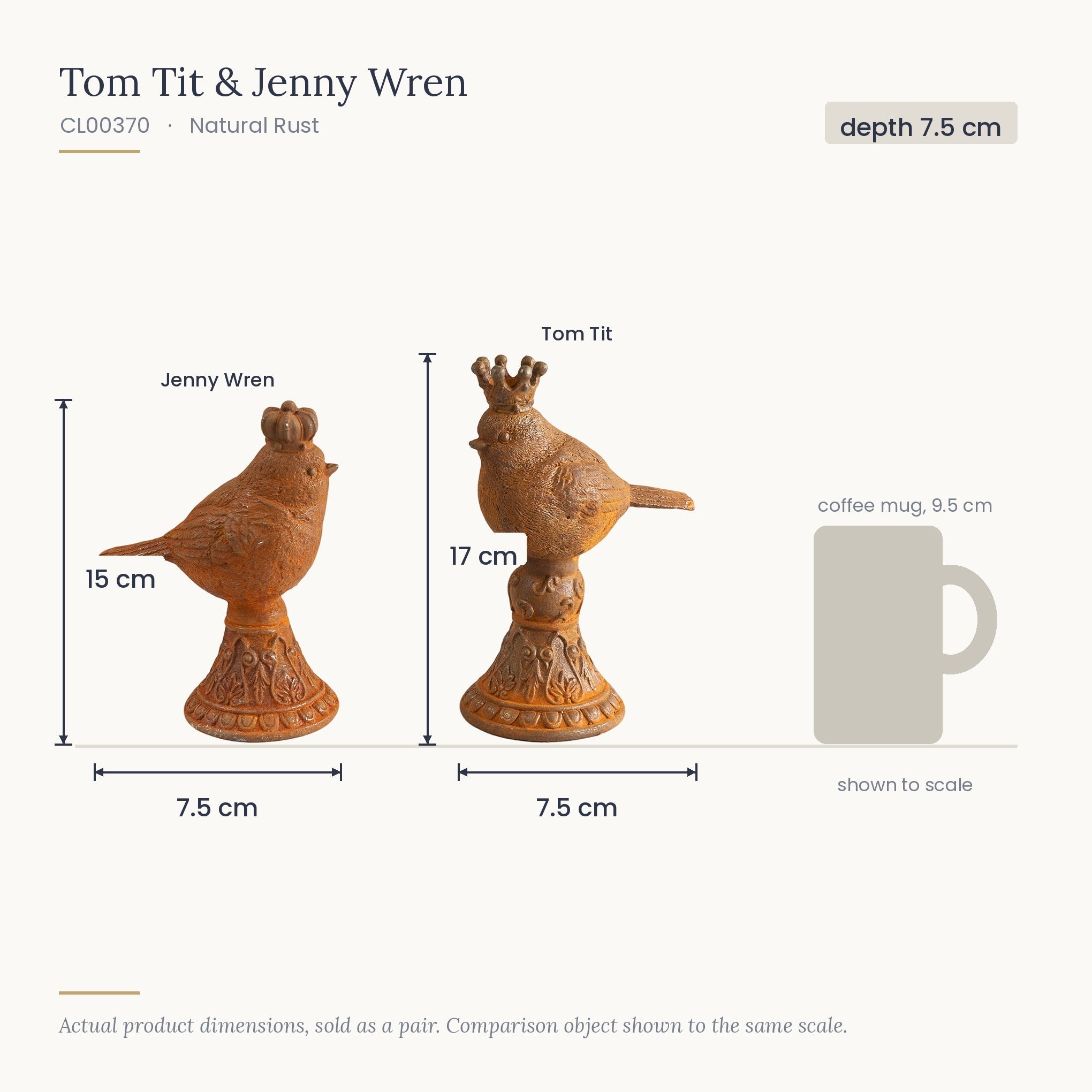Size diagram for Tom Tit and Jenny Wren, 17 cm and 15 cm tall, shown to scale beside a 9.5 cm coffee mug