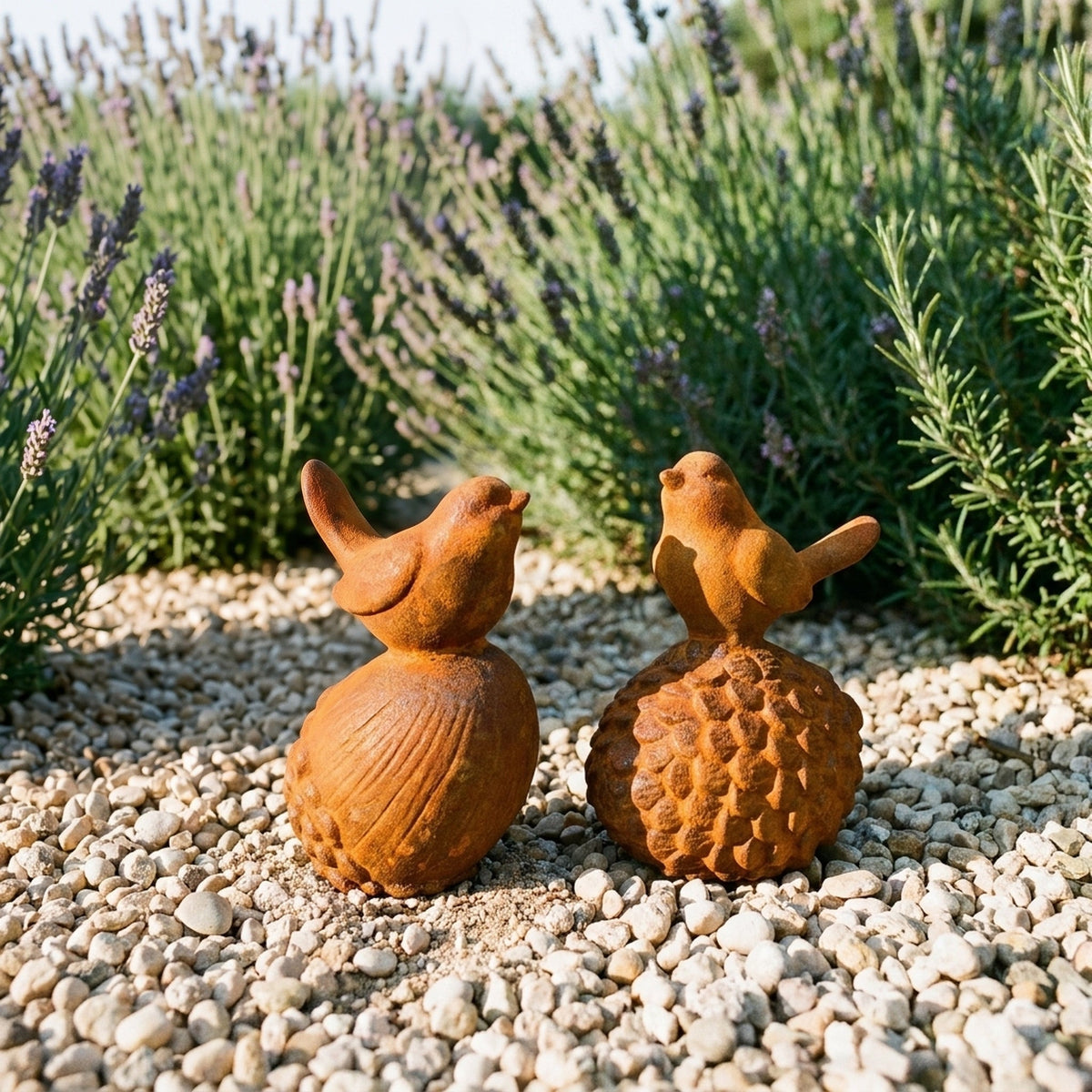 Robin and Sparrow rust cast iron garden birds on an acorn and a pinecone, on gravel beside lavender