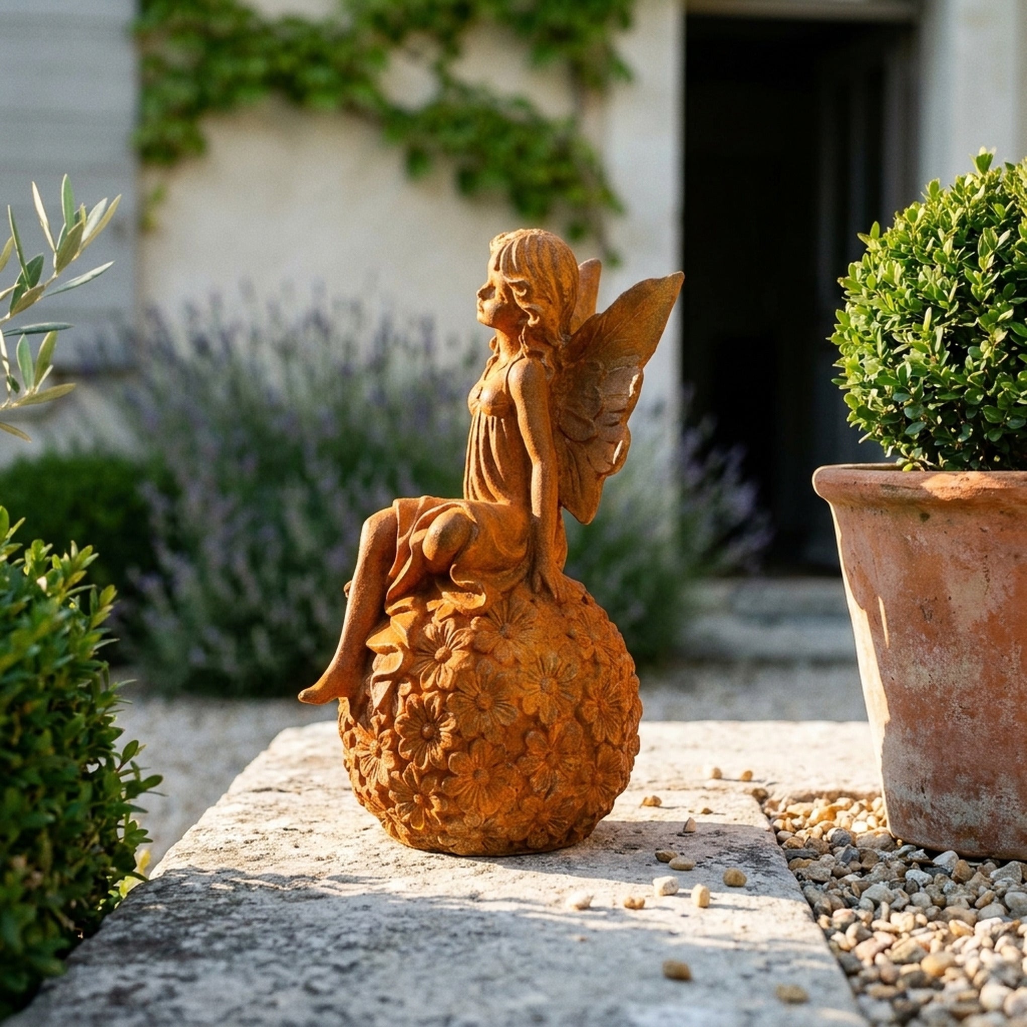 Miss Angelique rust cast iron fairy statue seated on a daisy sphere, on a stone step beside a terracotta pot