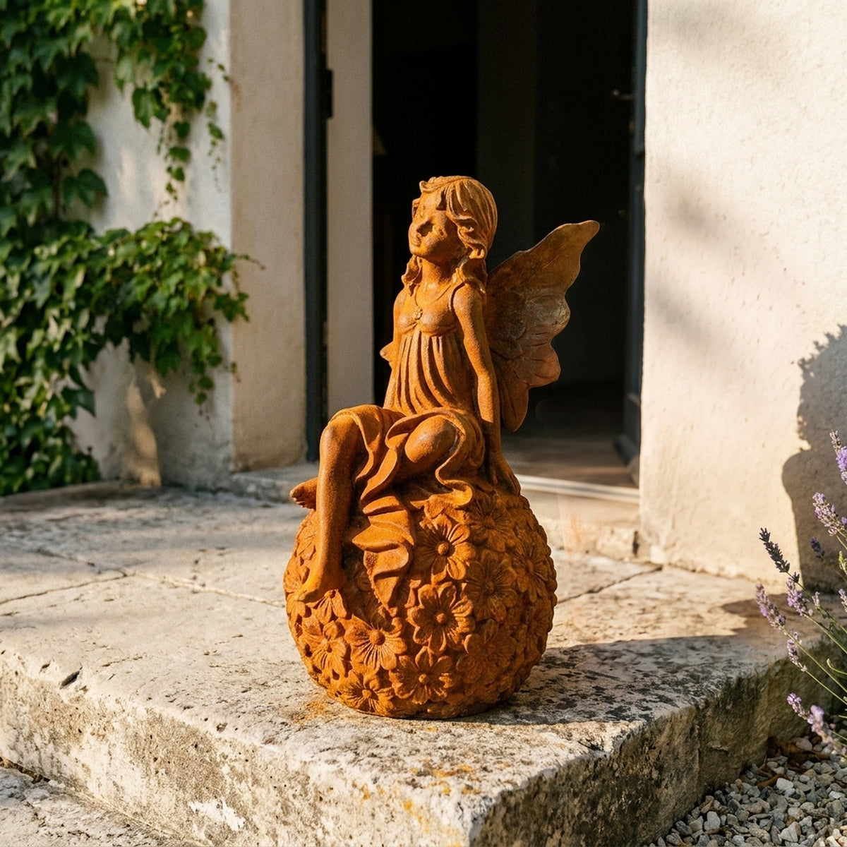 Miss Angelique fairy statue three quarter view in a provencal courtyard