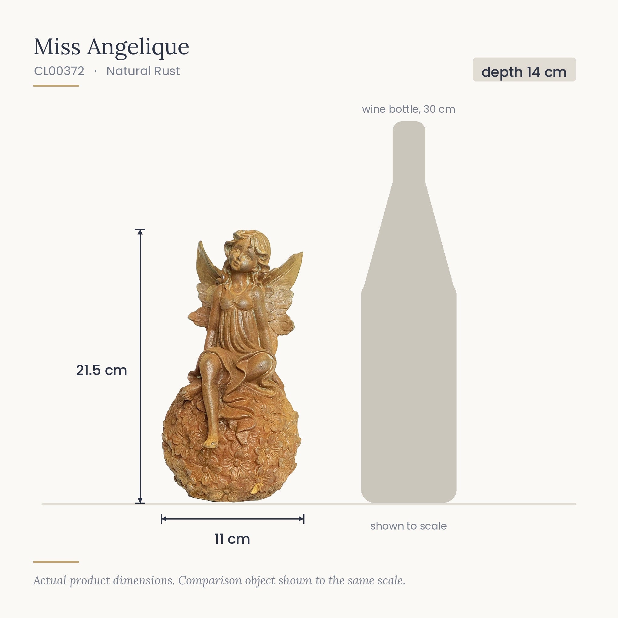 Size diagram for Miss Angelique, 11 x 14 x 21.5 cm, shown to scale beside a 30 cm wine bottle