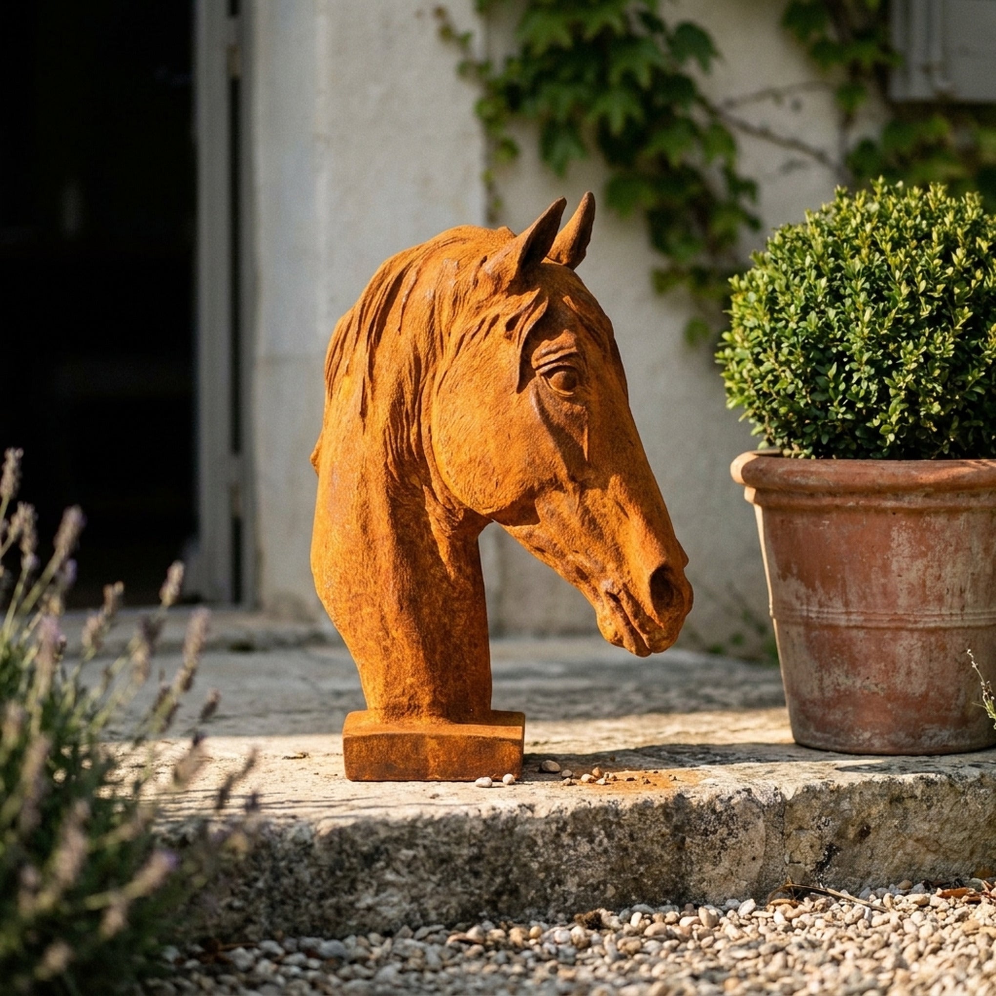 Baron Copperstone rust cast iron horse head bust on a rectangular plinth, on gravel beside a terracotta pot