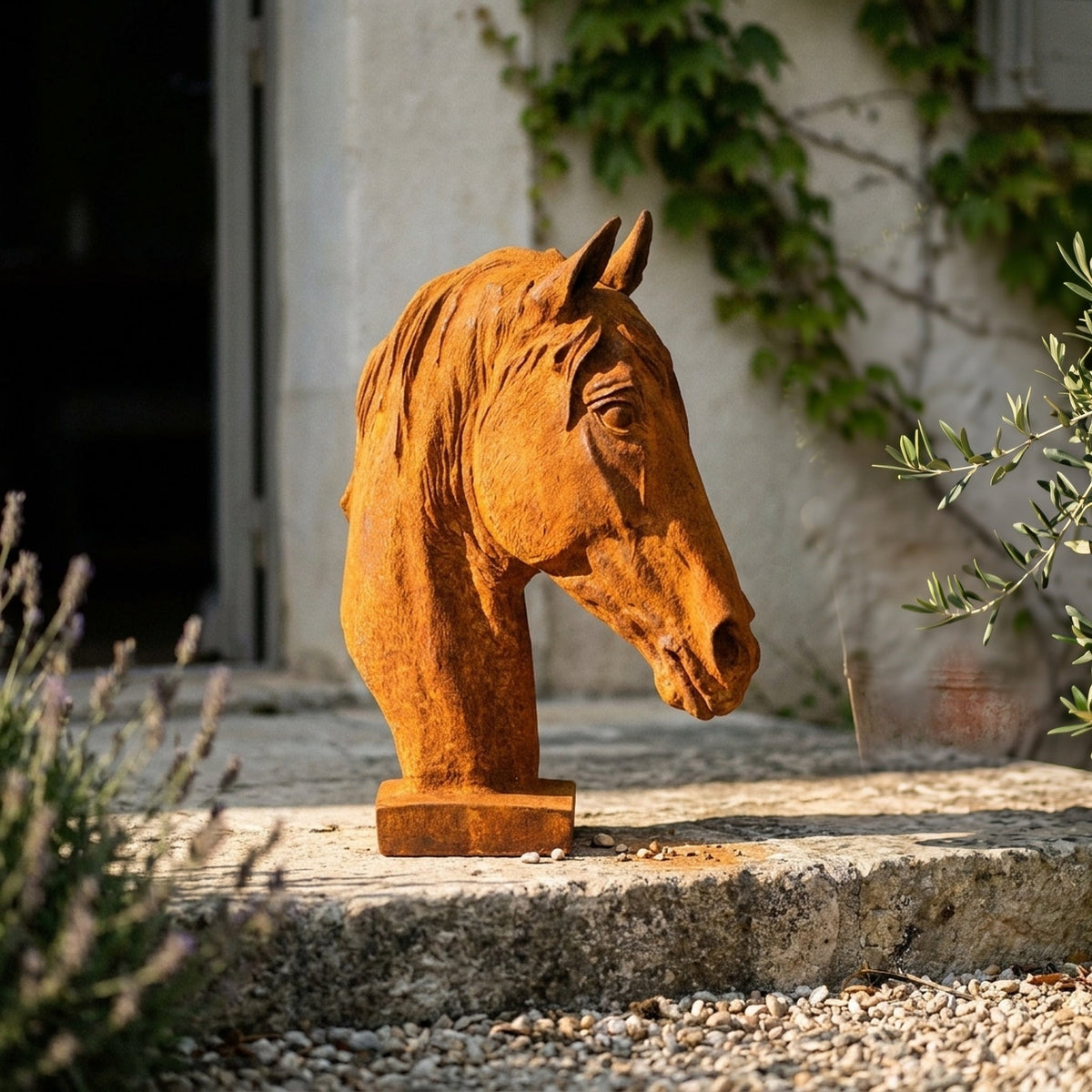 Baron Copperstone rust cast iron horse head bust on a rectangular plinth, on gravel