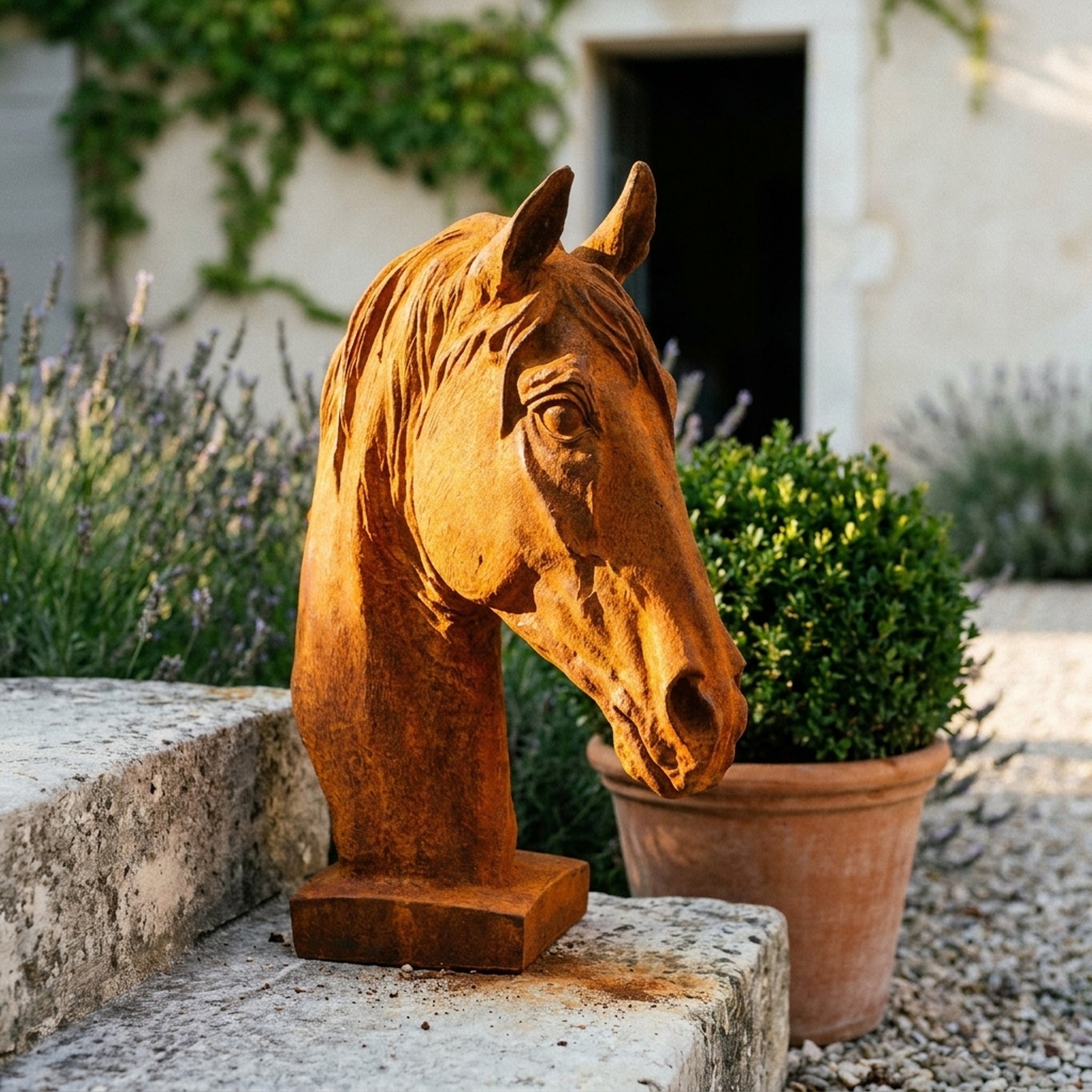 Baron Copperstone horse head bust three quarter view in a provencal courtyard