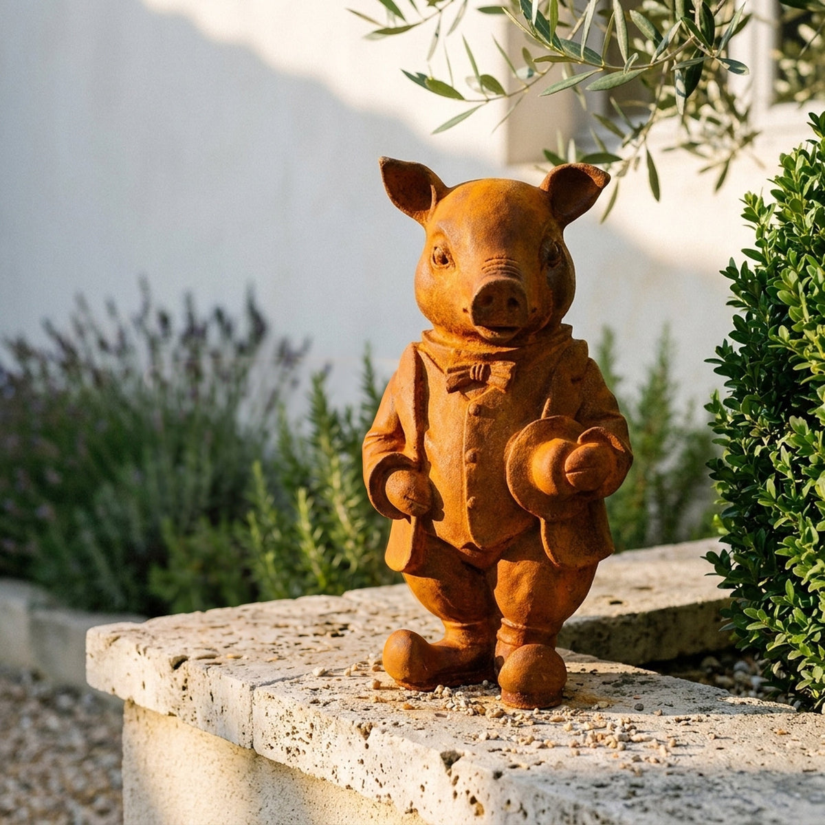 Inspector Truffles pig statue front view showing the bow tie and waistcoat buttons