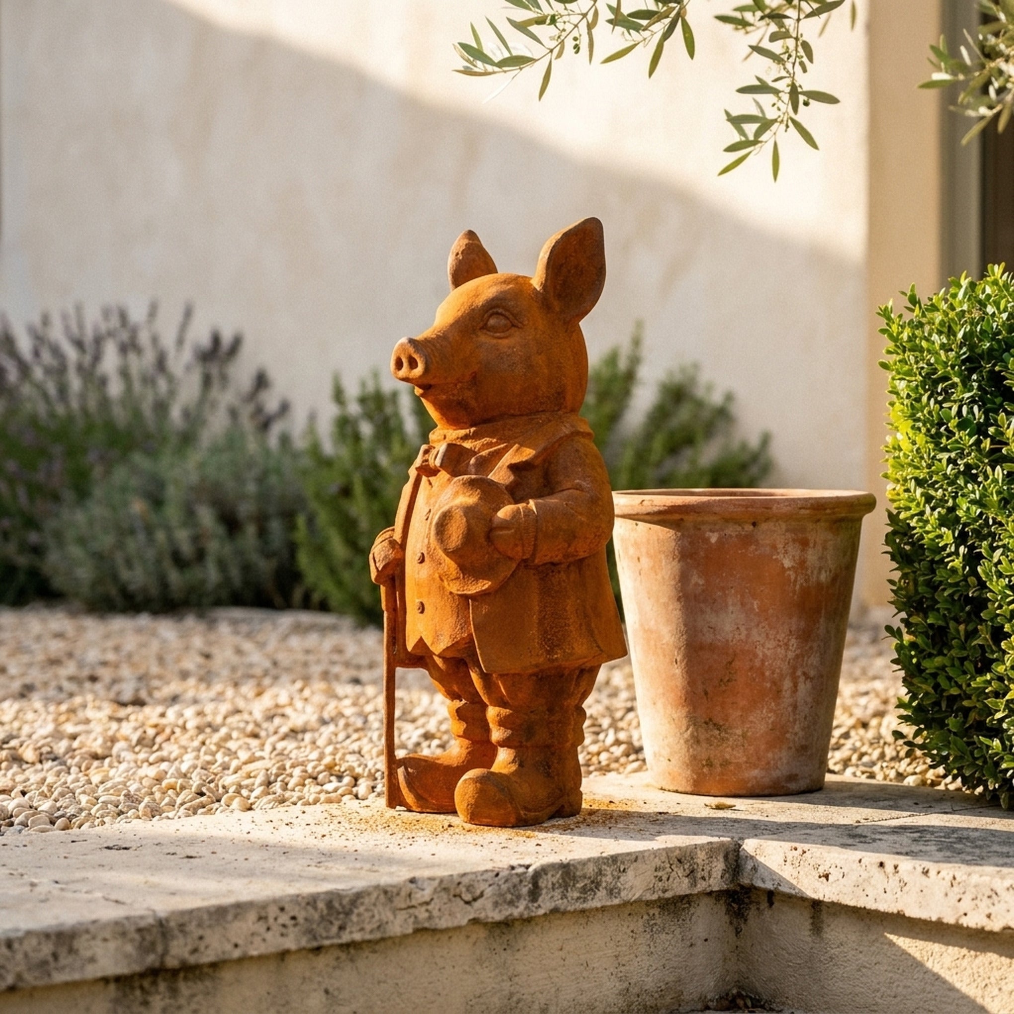 Inspector Truffles pig statue side view showing the cane and the full height
